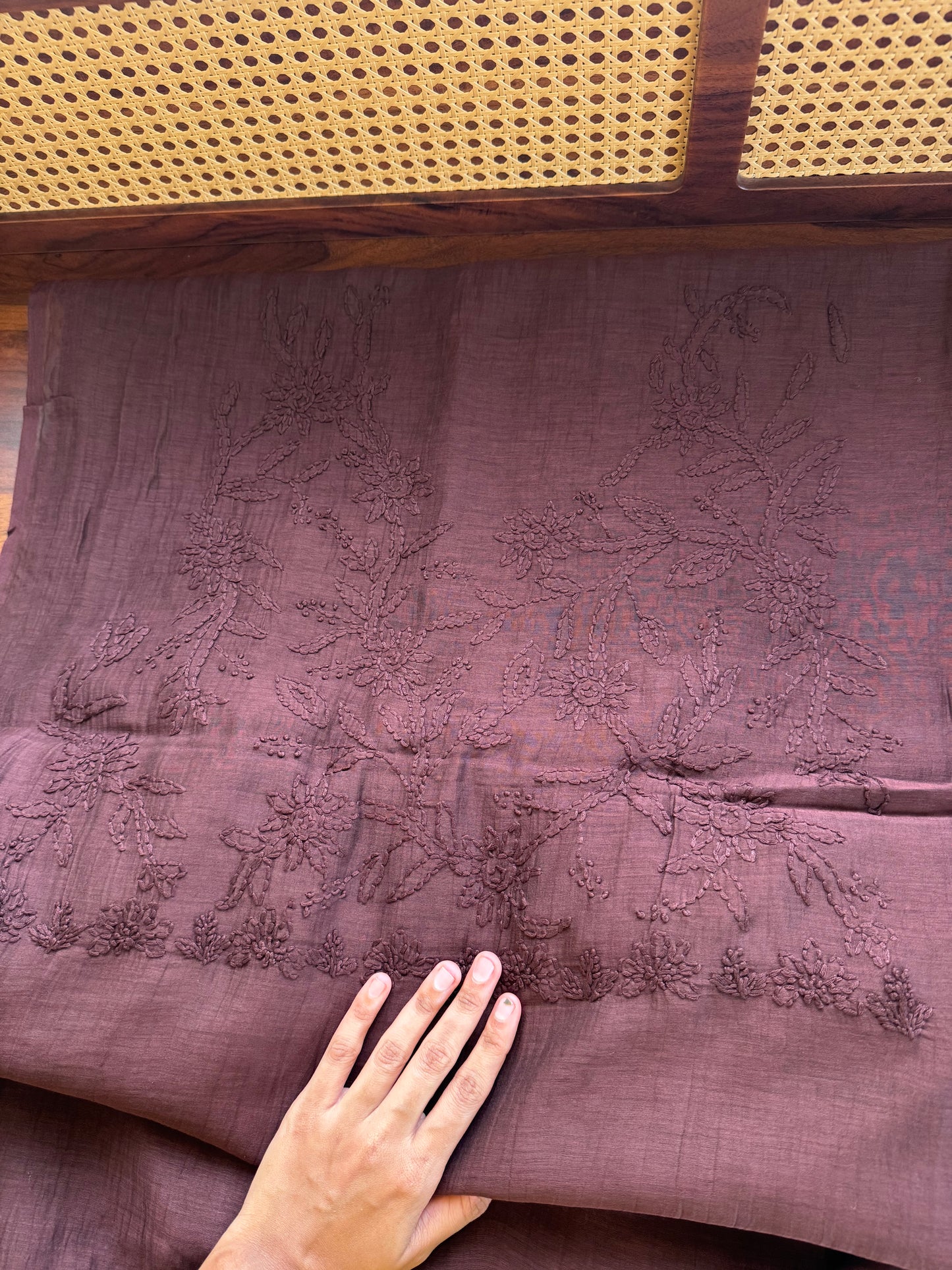 Pure Mul Chanderi Chikankari Saree with Jaal Pallu & Blouse - Brown