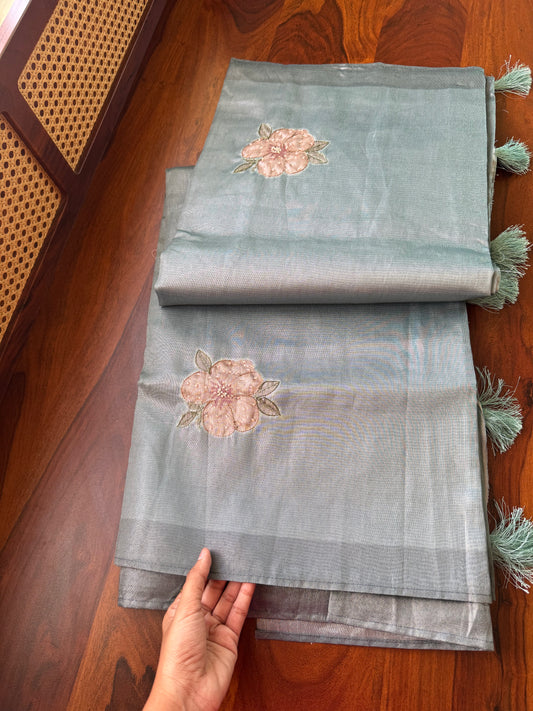 Floral Handwork Tissue Saree -Greyish Blue