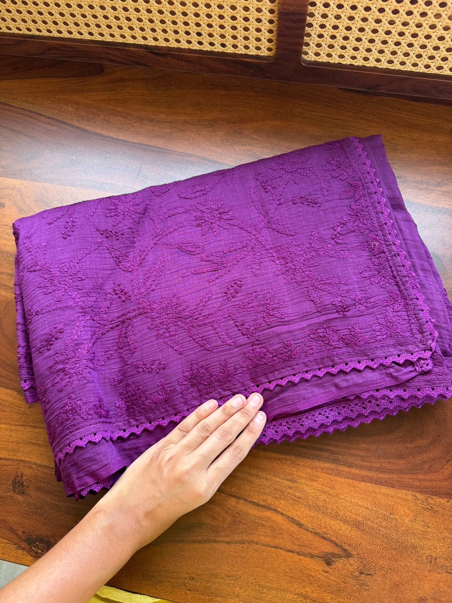Pure Mul Chanderi Chikankari Saree with Jaal Pallu & Blouse - Purple