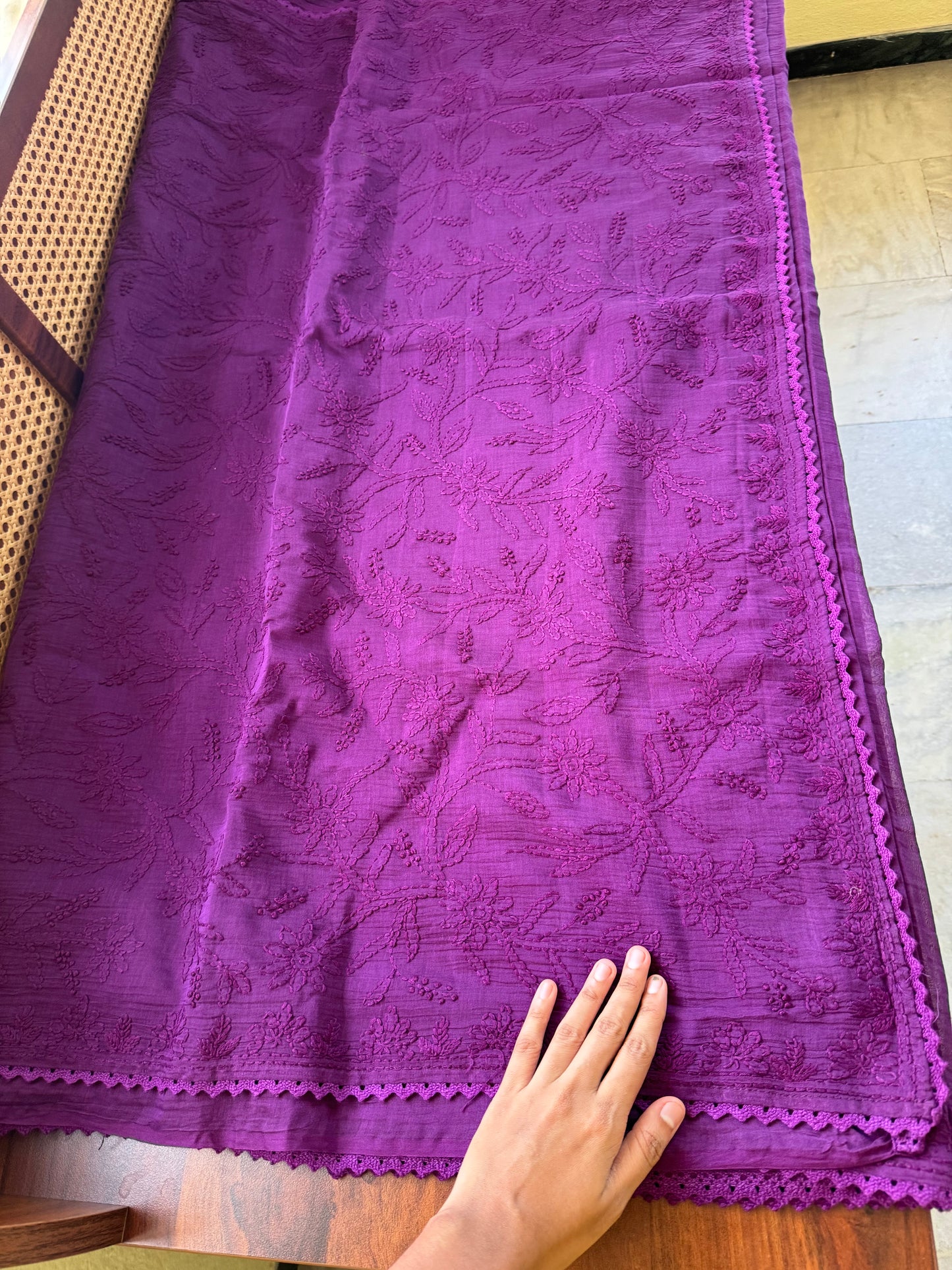 Pure Mul Chanderi Chikankari Saree with Jaal Pallu & Blouse - Purple