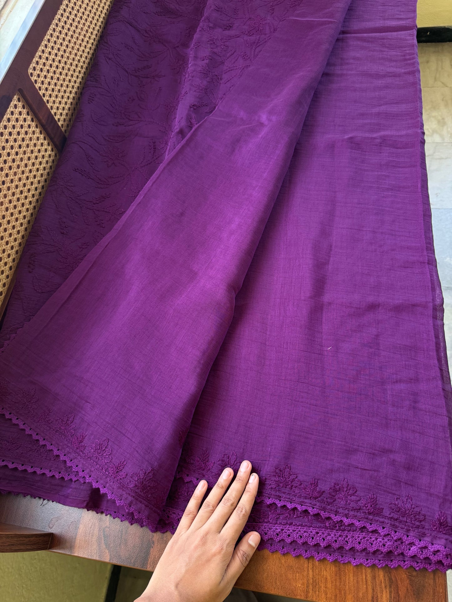 Pure Mul Chanderi Chikankari Saree with Jaal Pallu & Blouse - Purple