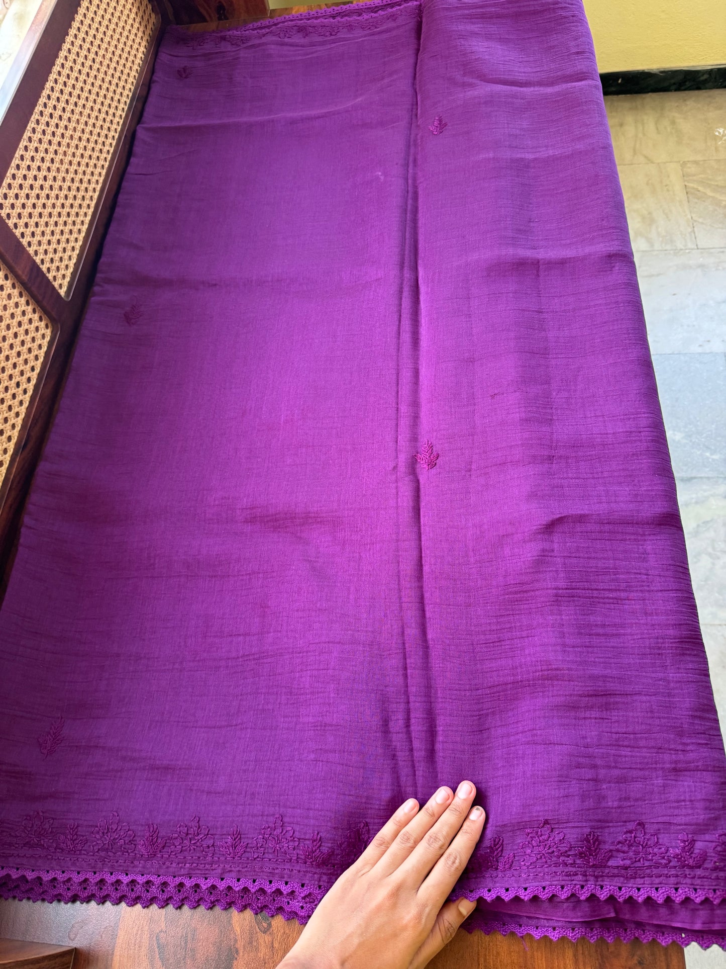 Pure Mul Chanderi Chikankari Saree with Jaal Pallu & Blouse - Purple