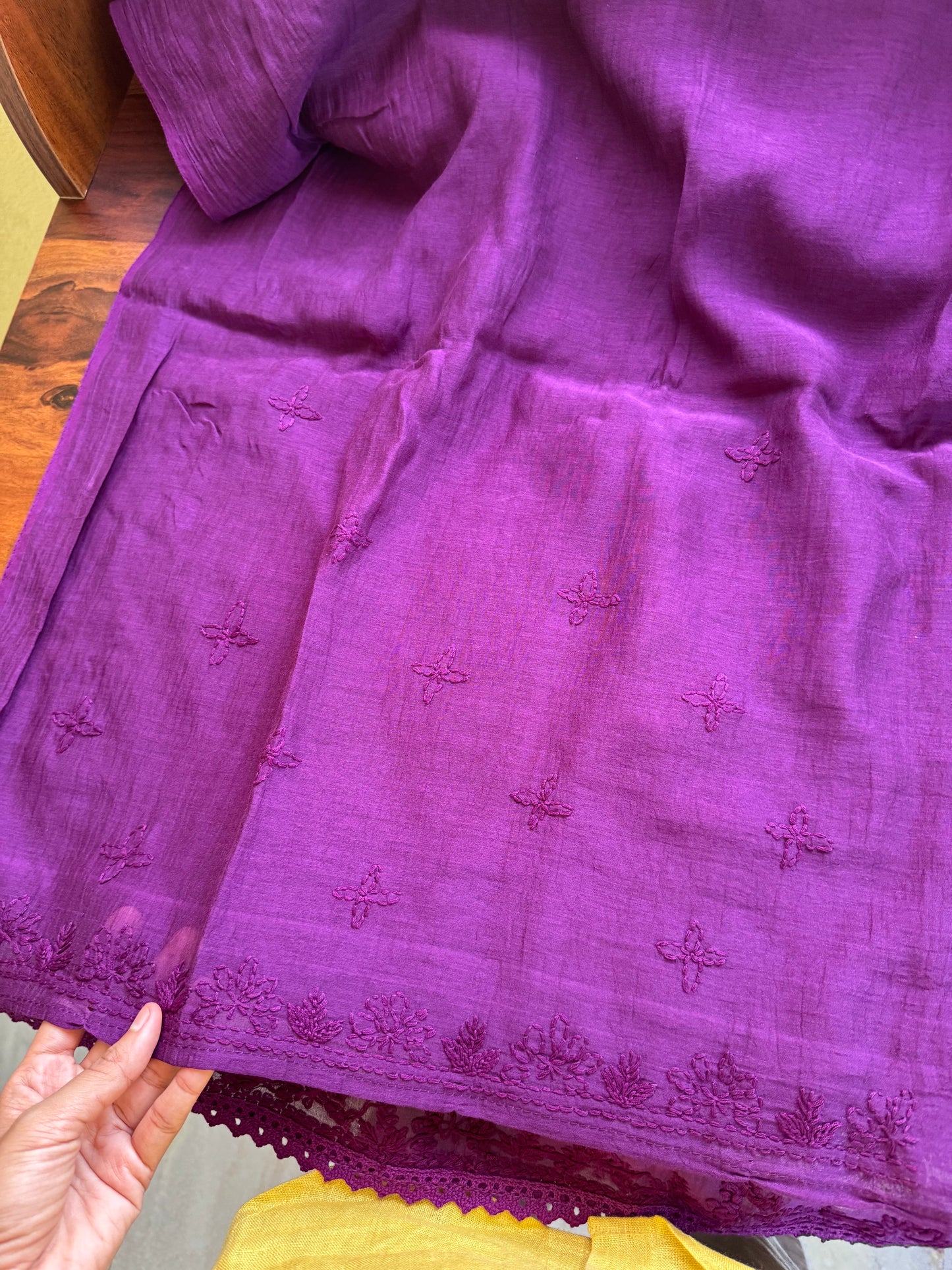 Pure Mul Chanderi Chikankari Saree with Jaal Pallu & Blouse - Purple