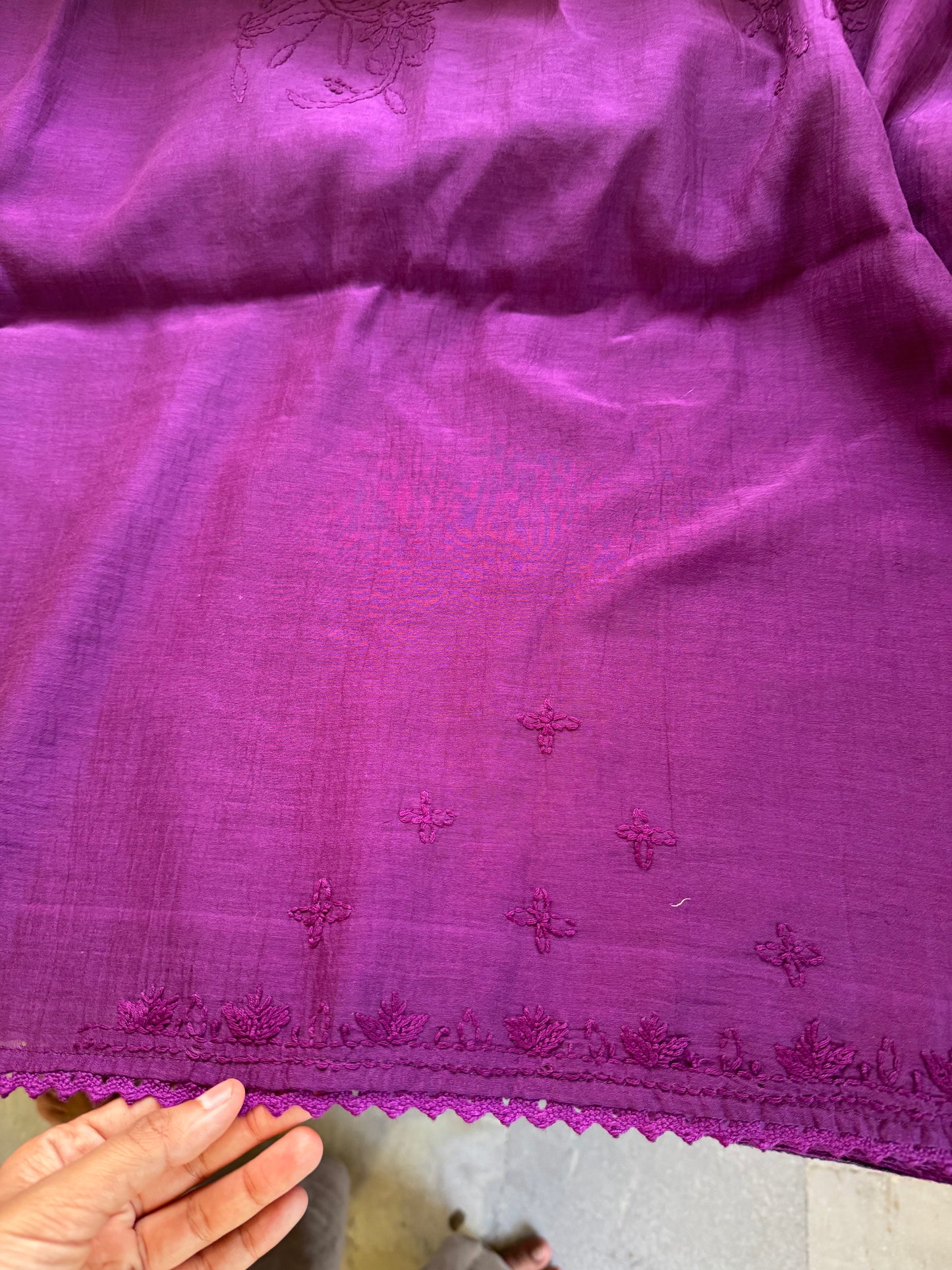 Pure Mul Chanderi Chikankari Saree with Jaal Pallu & Blouse - Purple