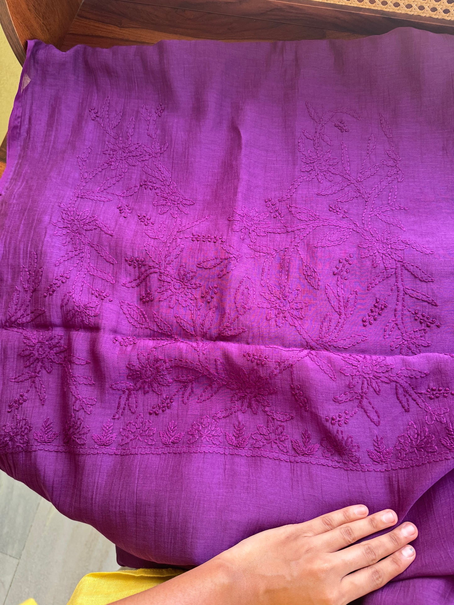 Pure Mul Chanderi Chikankari Saree with Jaal Pallu & Blouse - Purple