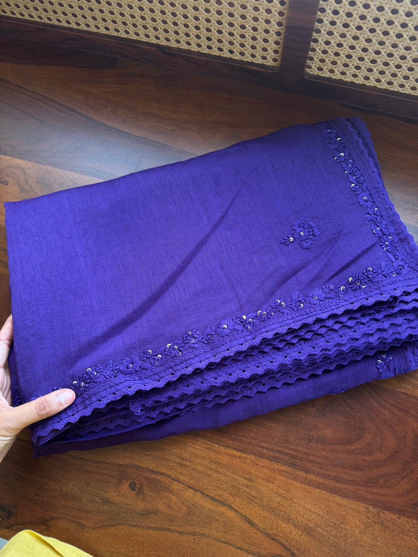 Pure Mul Chanderi Chikankari Saree - Violet