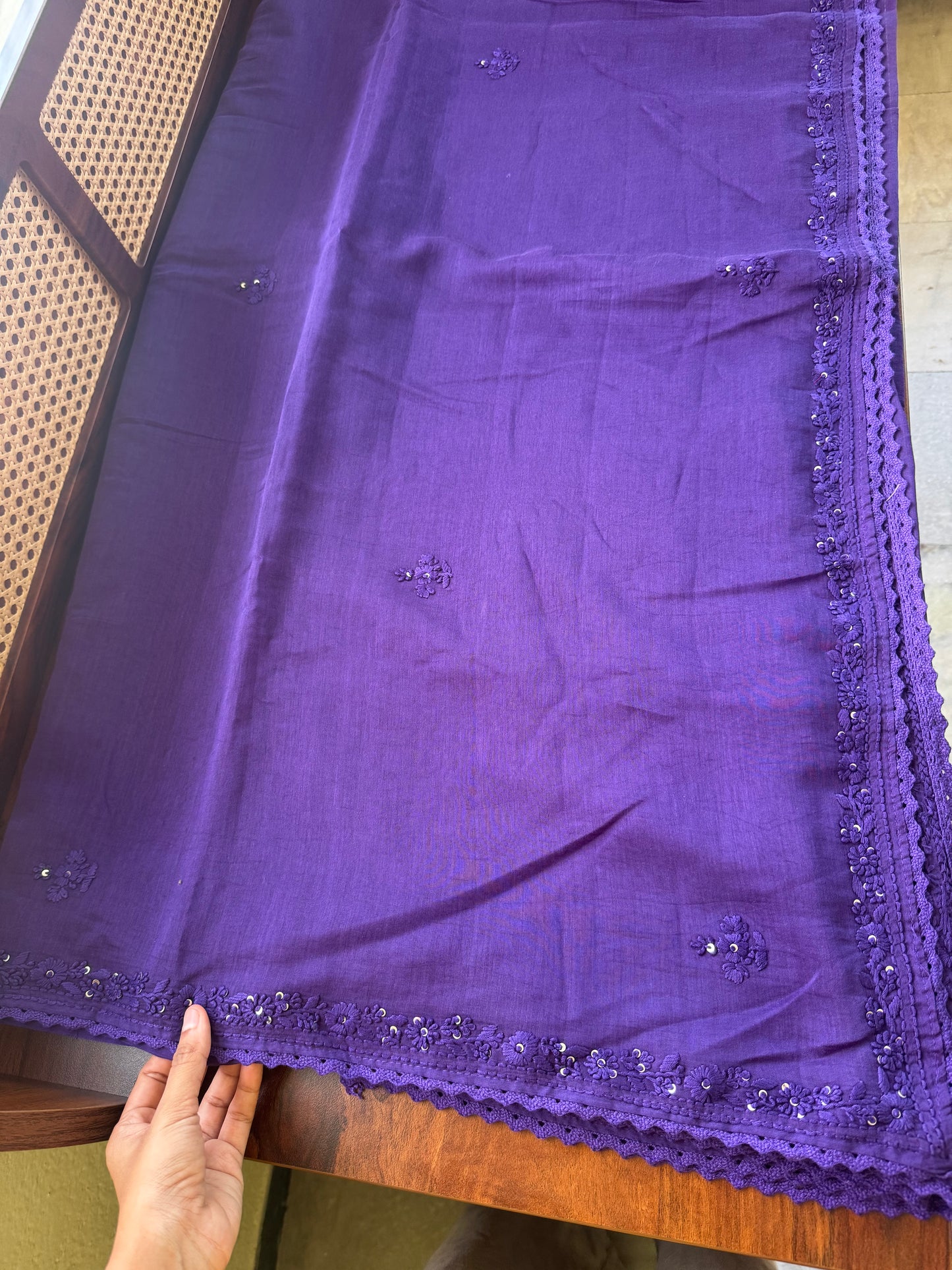 Pure Mul Chanderi Chikankari Saree - Violet