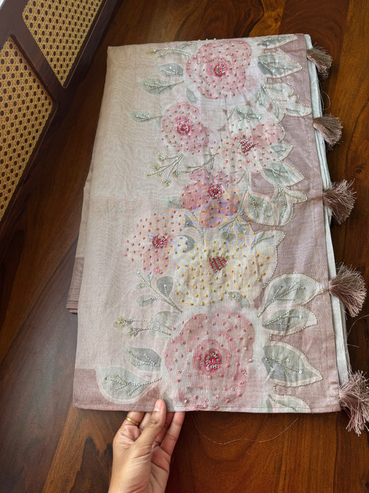 Floral Handwork Tissue Saree -Pinkish Brown