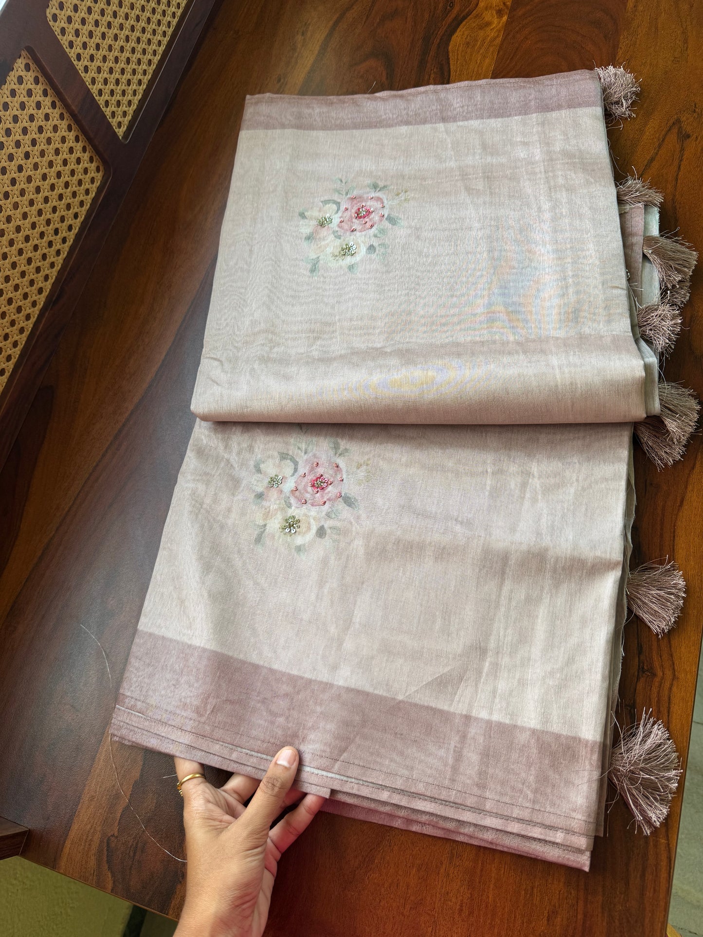 Floral Handwork Tissue Saree -Pinkish Brown