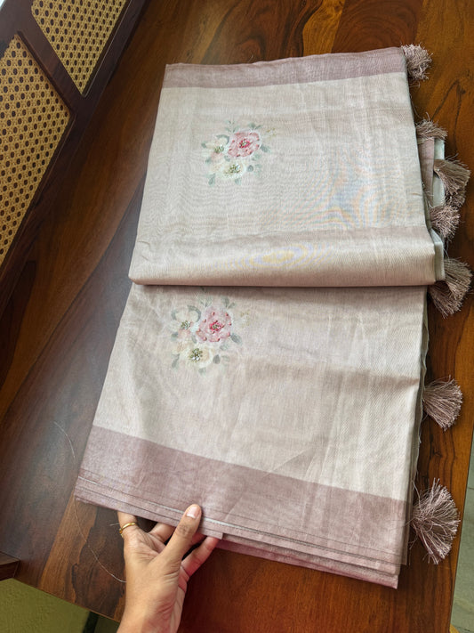 Floral Handwork Tissue Saree -Pinkish Brown