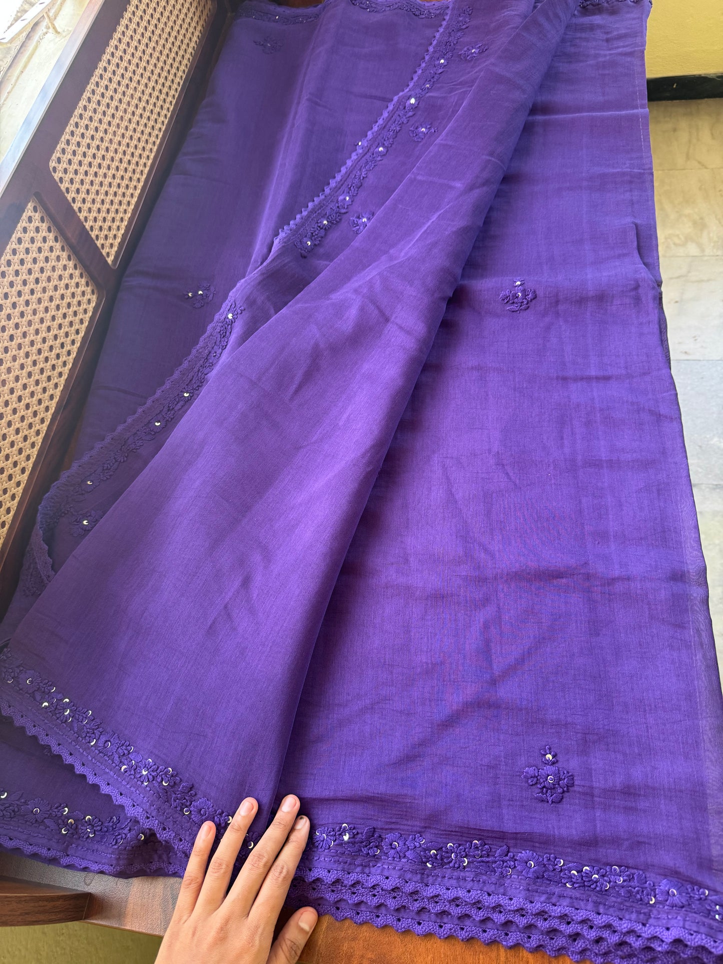Pure Mul Chanderi Chikankari Saree - Violet