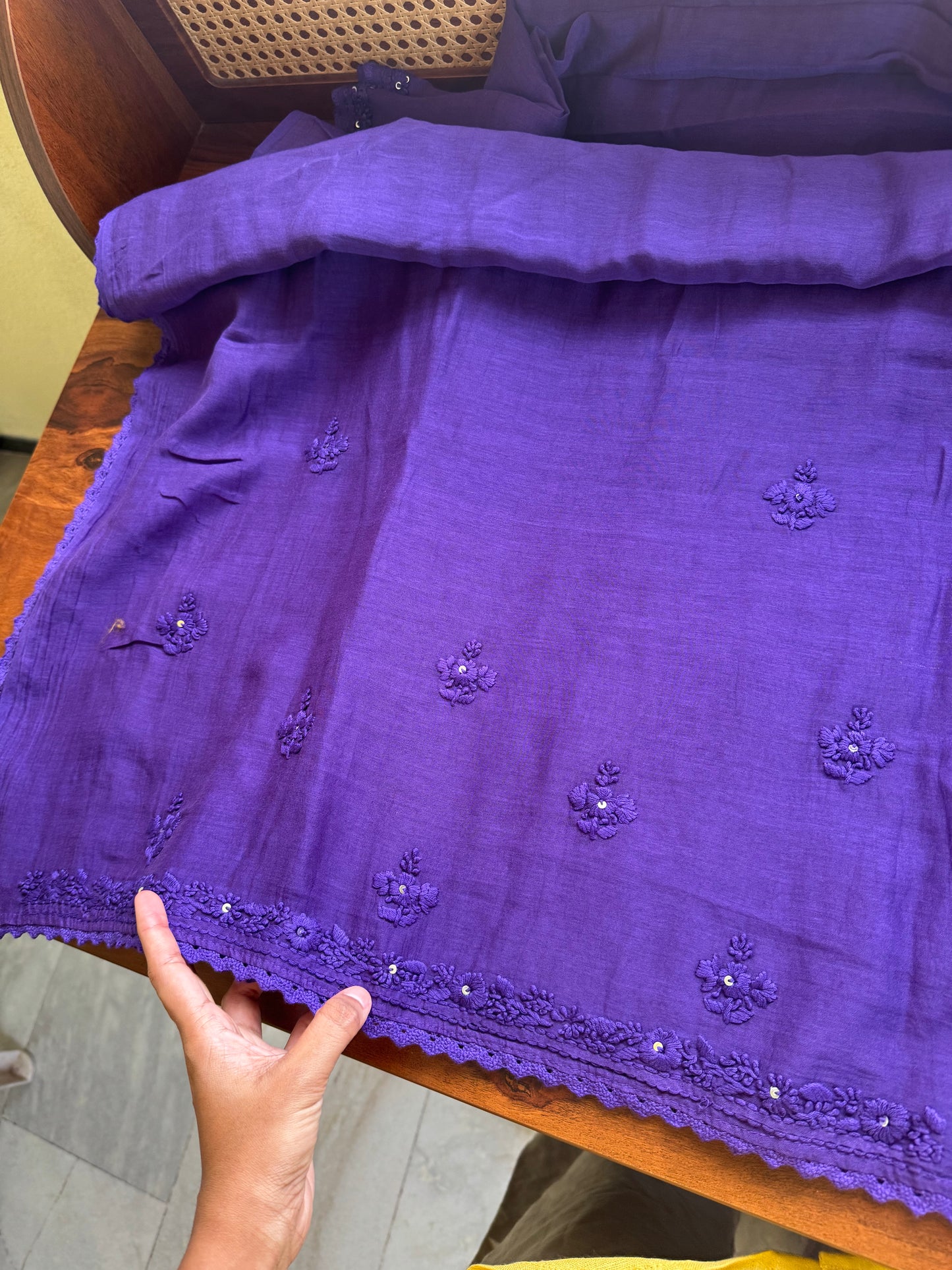 Pure Mul Chanderi Chikankari Saree - Violet