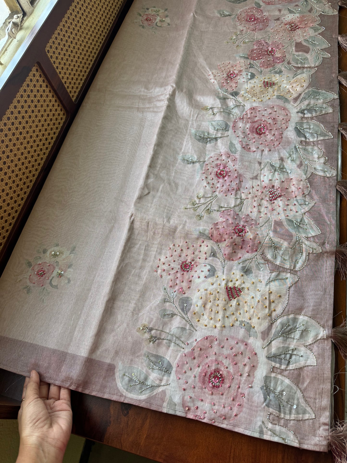 Floral Handwork Tissue Saree -Pinkish Brown