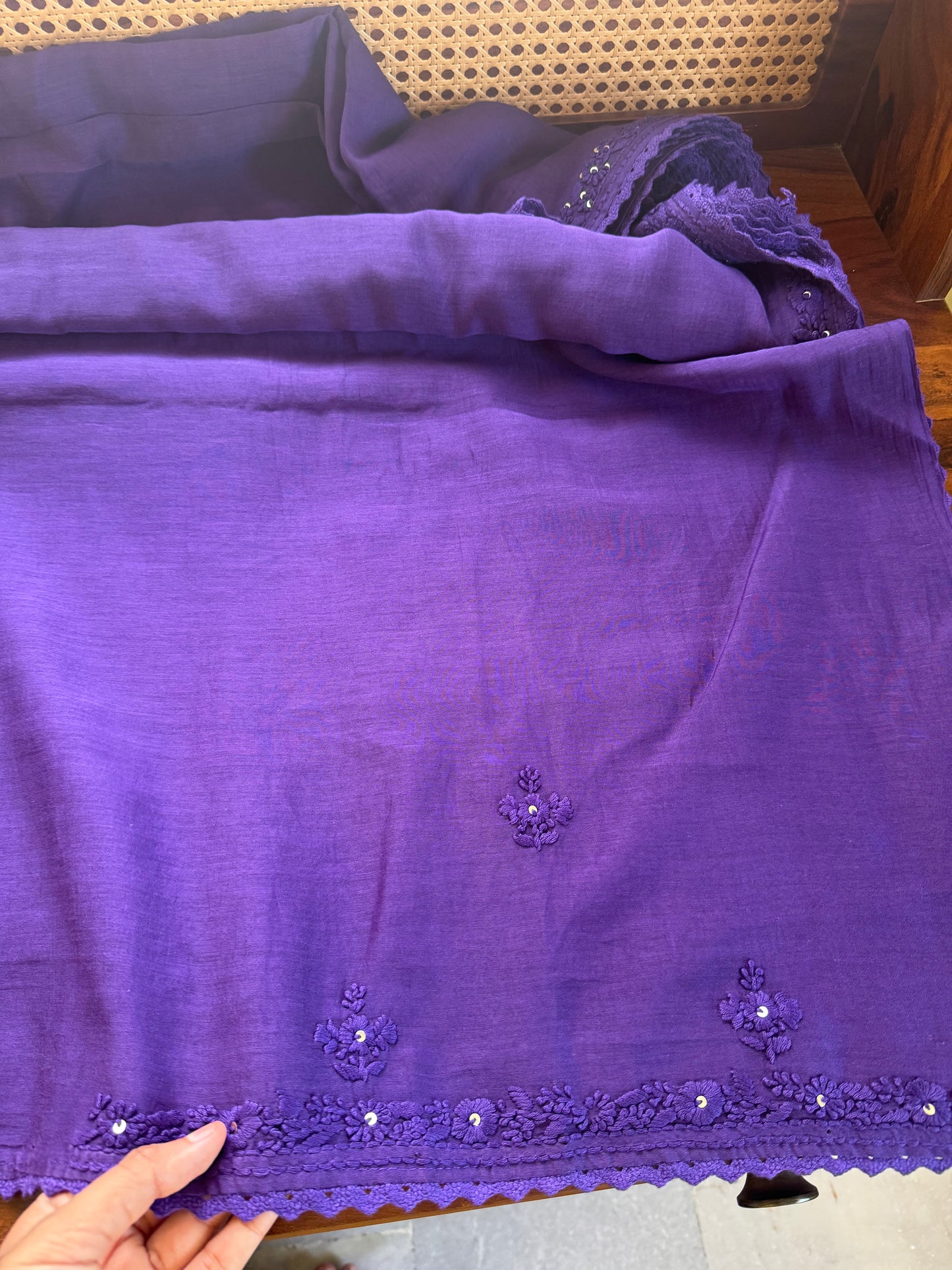 Pure Mul Chanderi Chikankari Saree - Violet