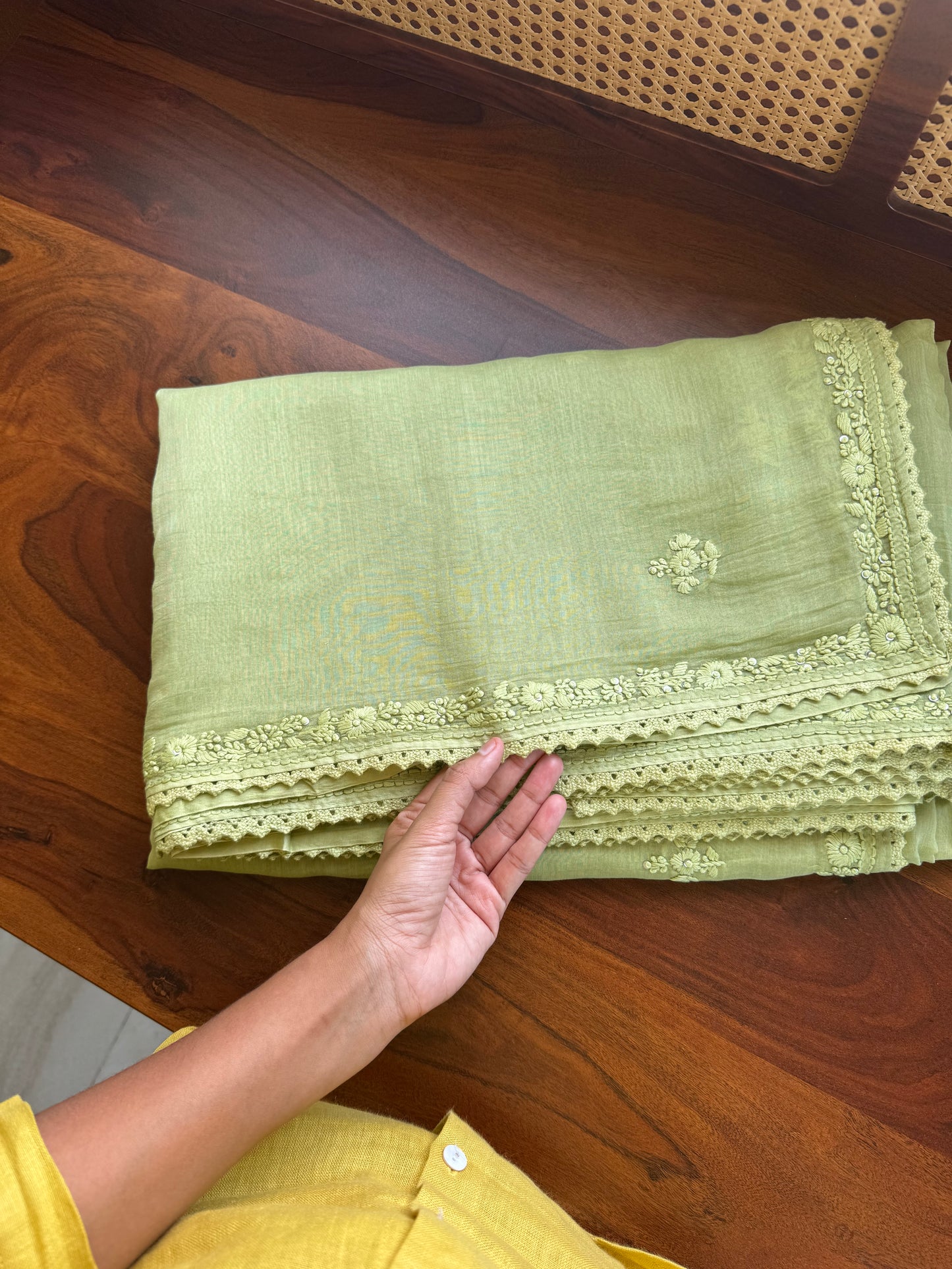 Pure Mul Chanderi Chikankari Saree - Pastel Green