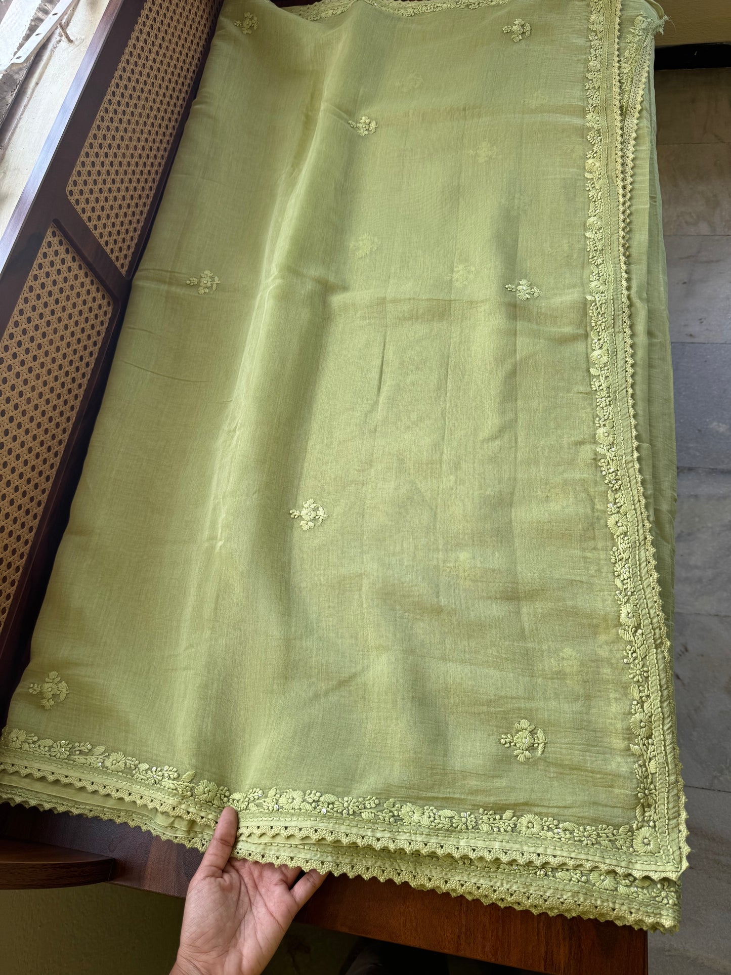 Pure Mul Chanderi Chikankari Saree - Pastel Green