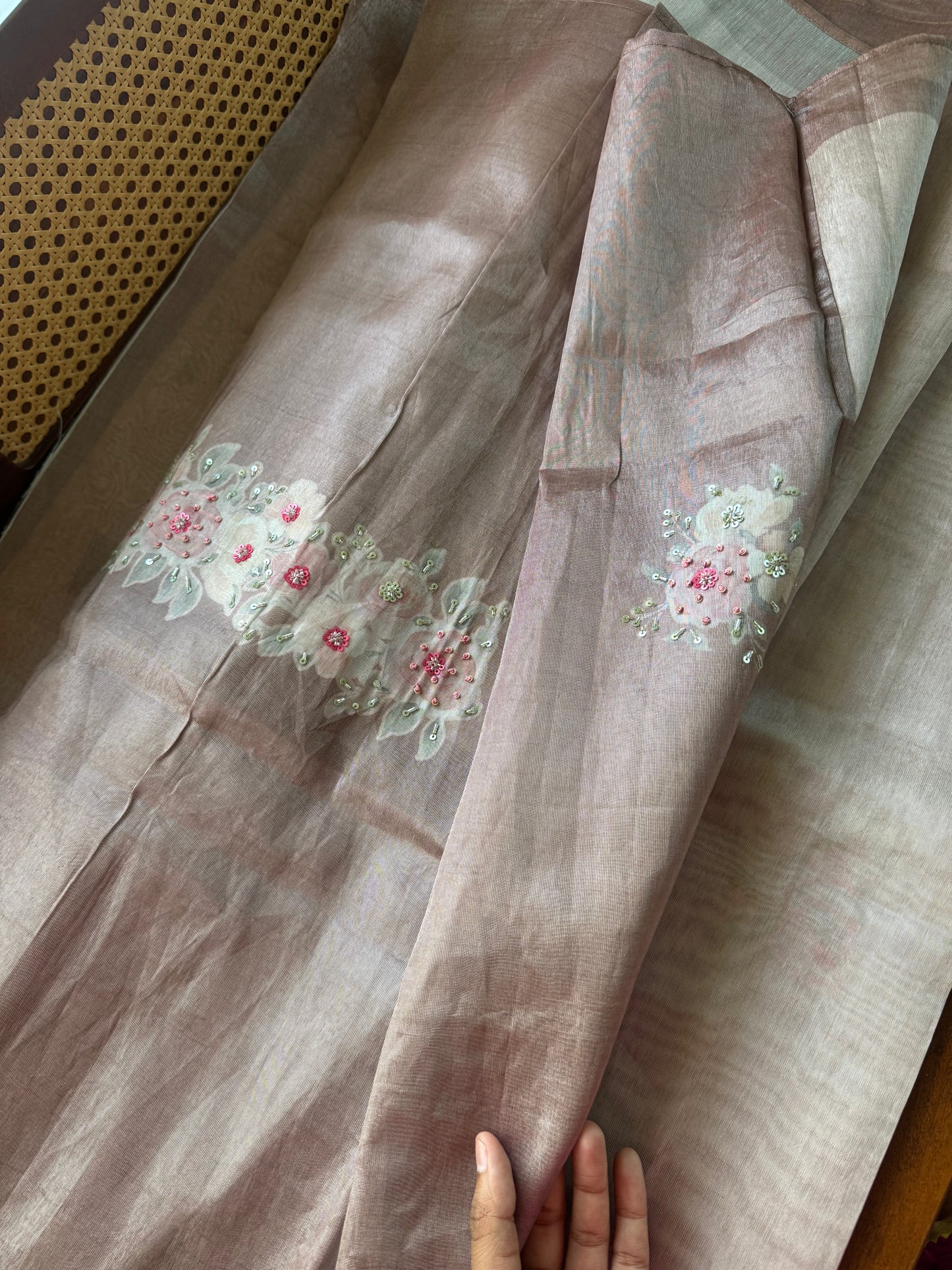 Floral Handwork Tissue Saree -Pinkish Brown