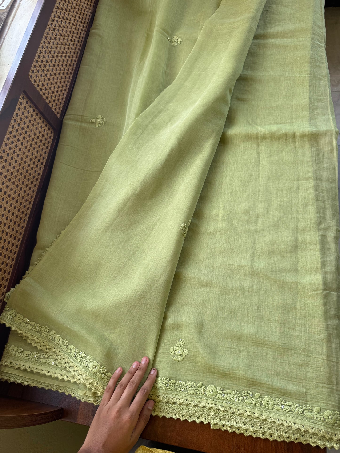Pure Mul Chanderi Chikankari Saree - Pastel Green