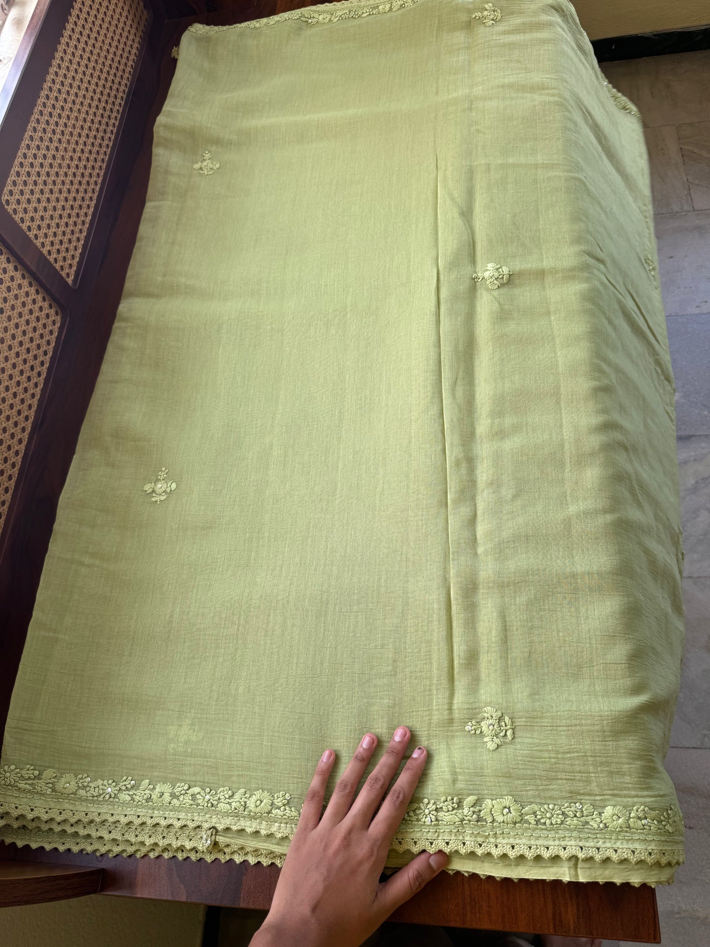 Pure Mul Chanderi Chikankari Saree - Pastel Green