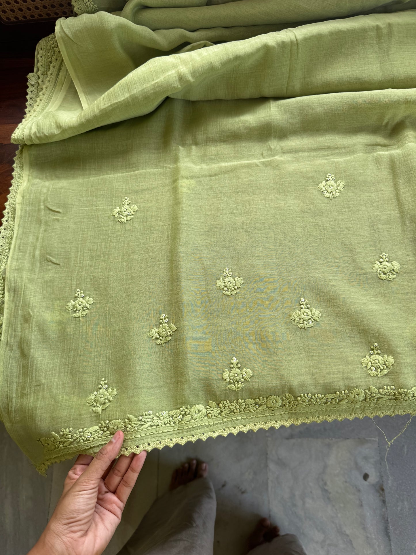 Pure Mul Chanderi Chikankari Saree - Pastel Green