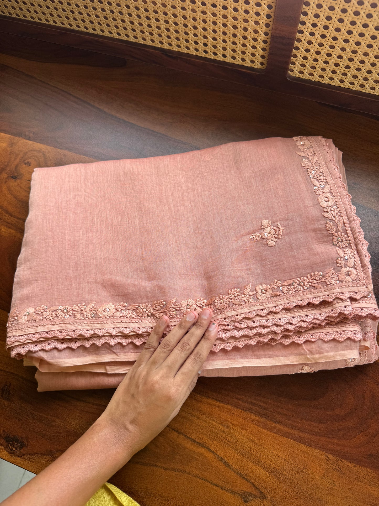 Pure Mul Chanderi Chikankari Saree - Pastel Peach