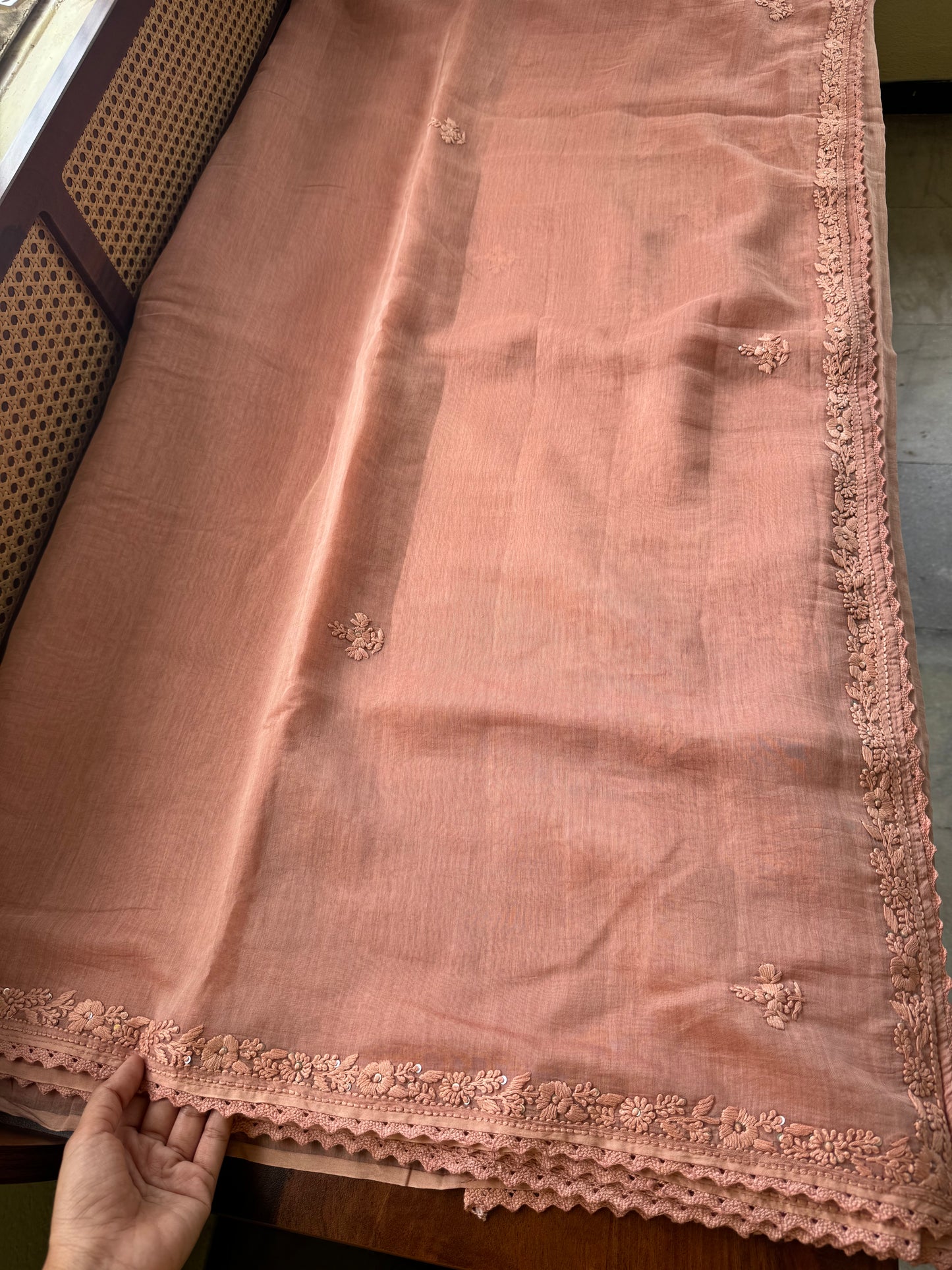 Pure Mul Chanderi Chikankari Saree - Pastel Peach