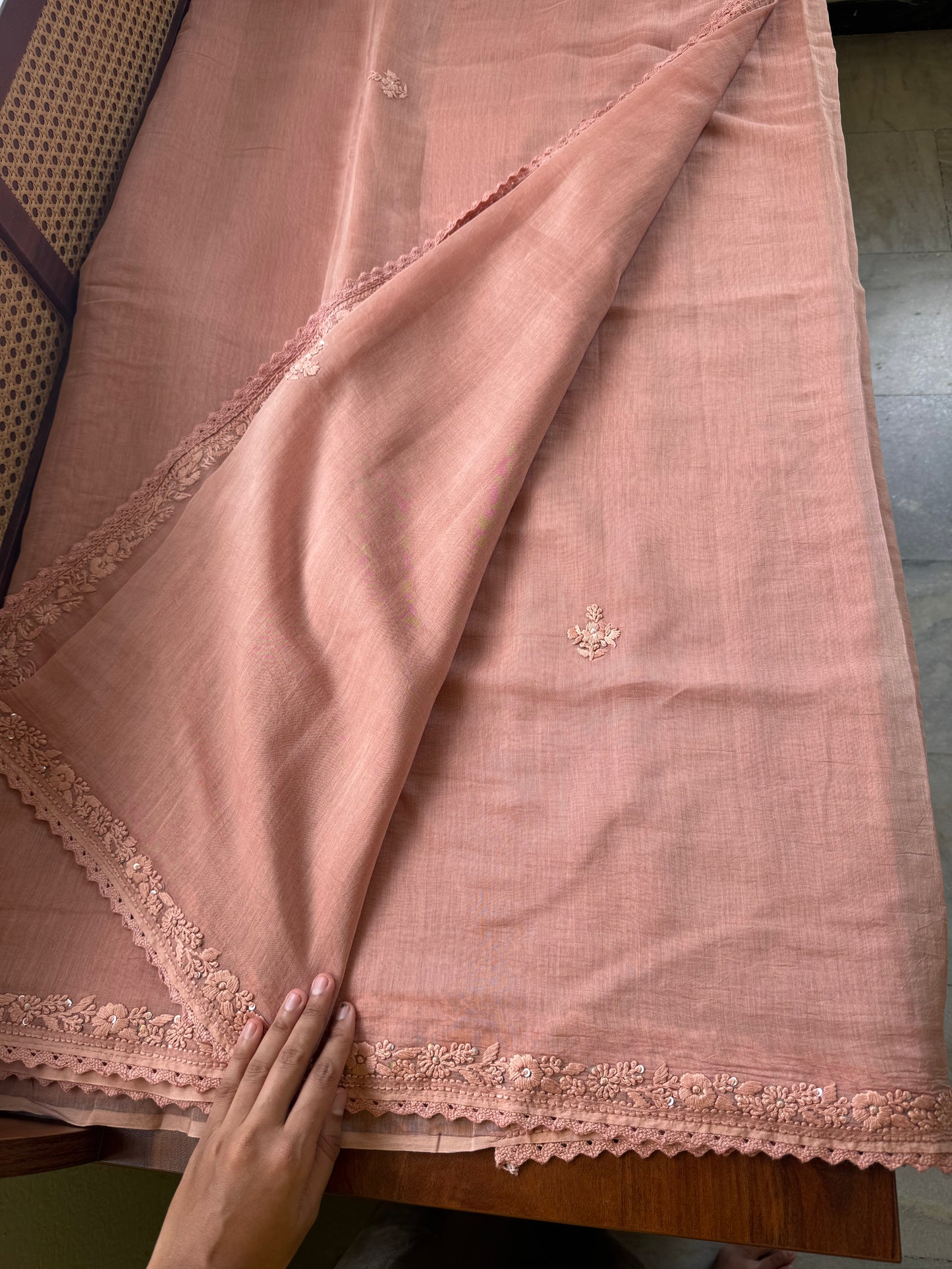 Pure Mul Chanderi Chikankari Saree - Pastel Peach
