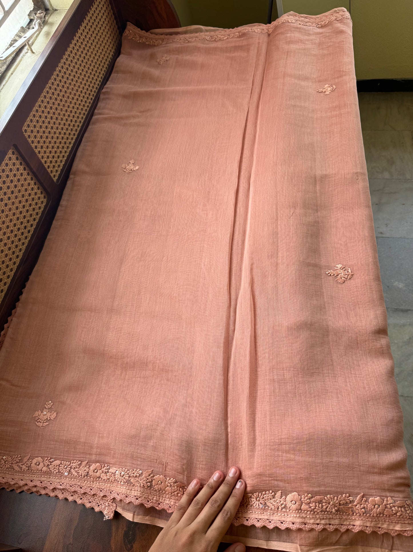 Pure Mul Chanderi Chikankari Saree - Pastel Peach