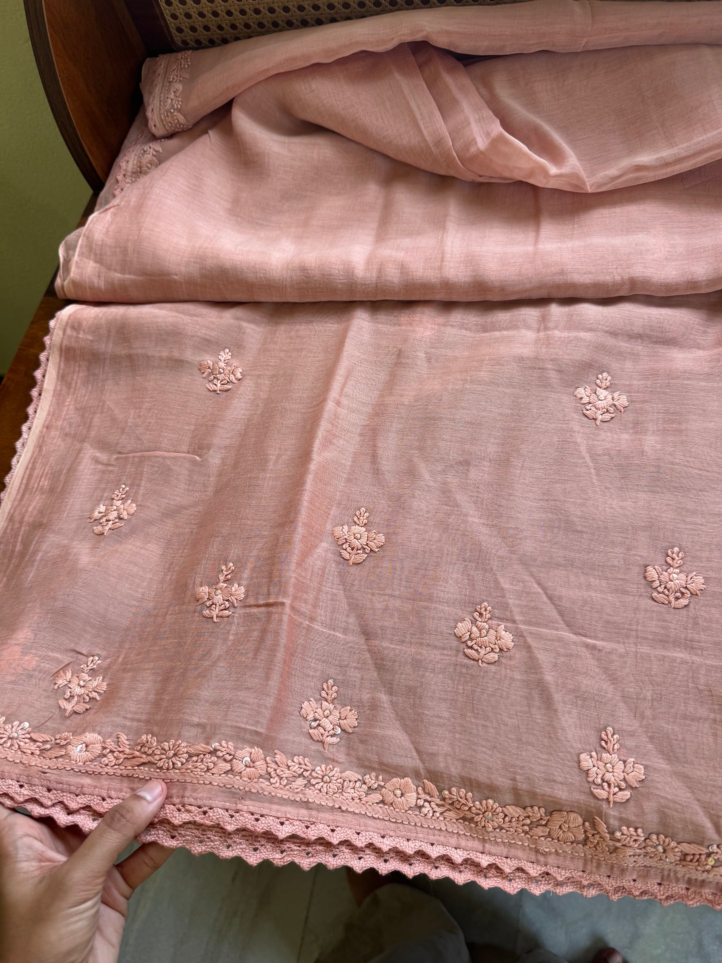 Pure Mul Chanderi Chikankari Saree - Pastel Peach