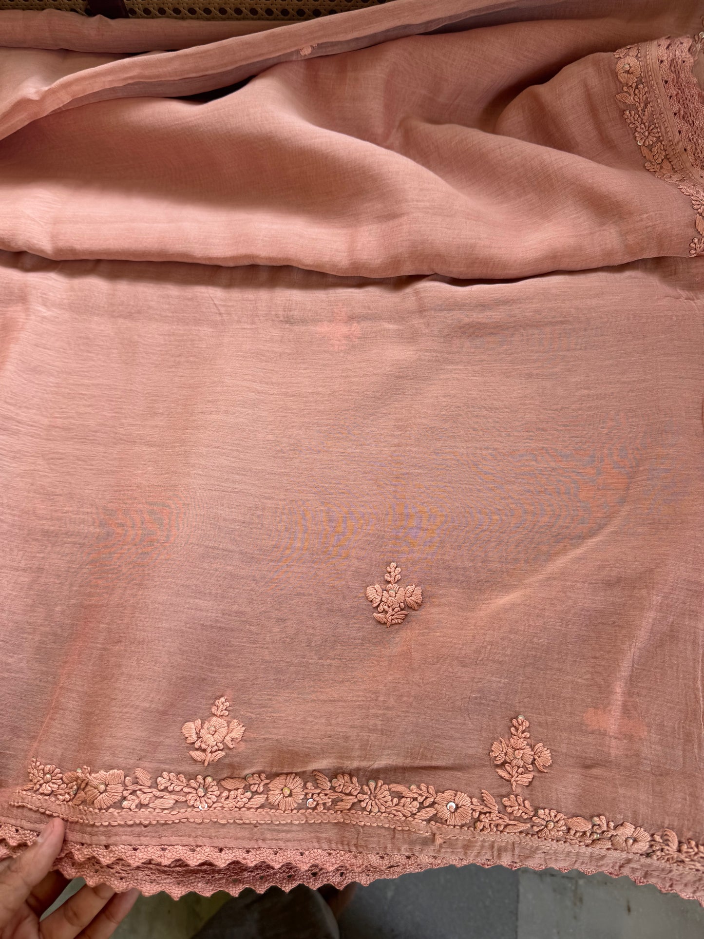 Pure Mul Chanderi Chikankari Saree - Pastel Peach