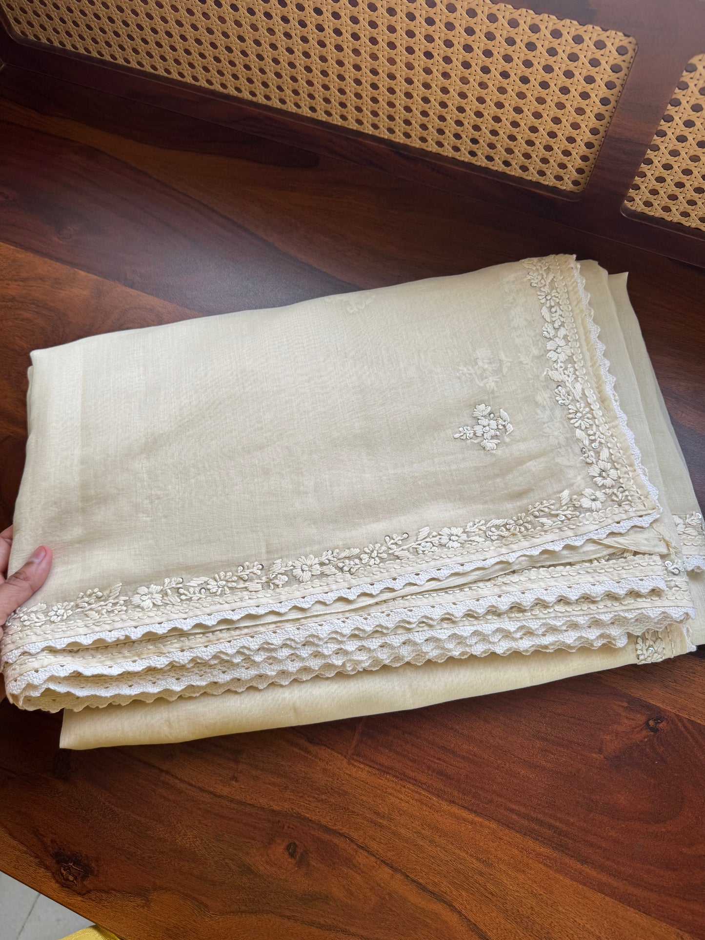 Pure Mul Chanderi Chikankari Saree - Half White