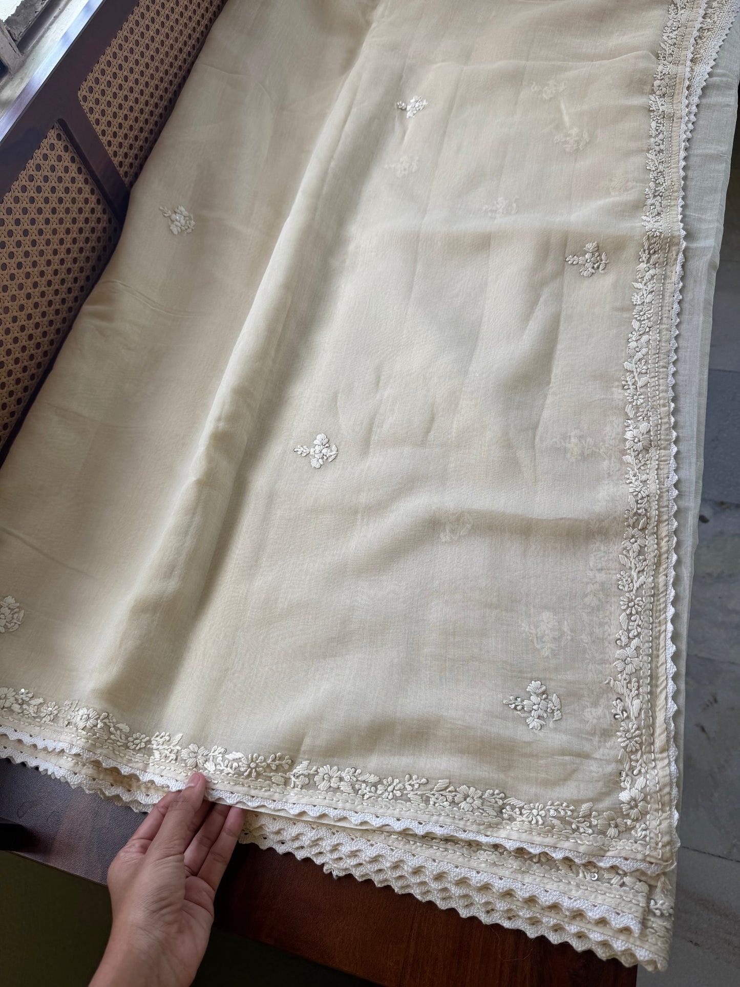 Pure Mul Chanderi Chikankari Saree - Half White