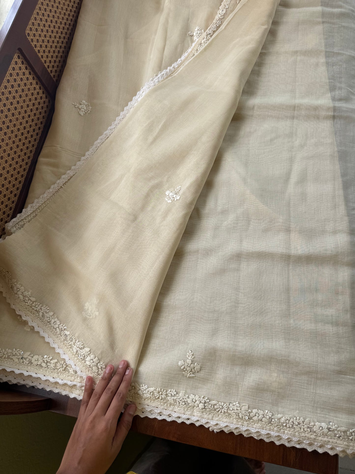 Pure Mul Chanderi Chikankari Saree - Half White