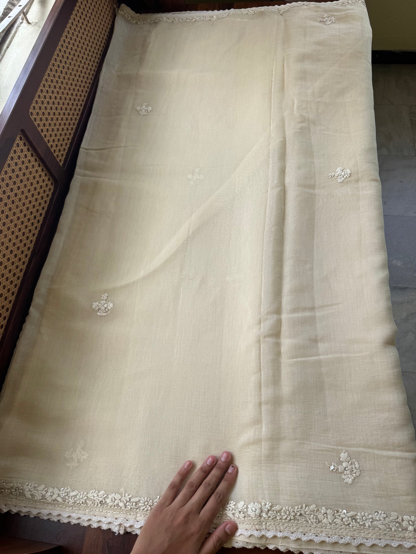 Pure Mul Chanderi Chikankari Saree - Half White