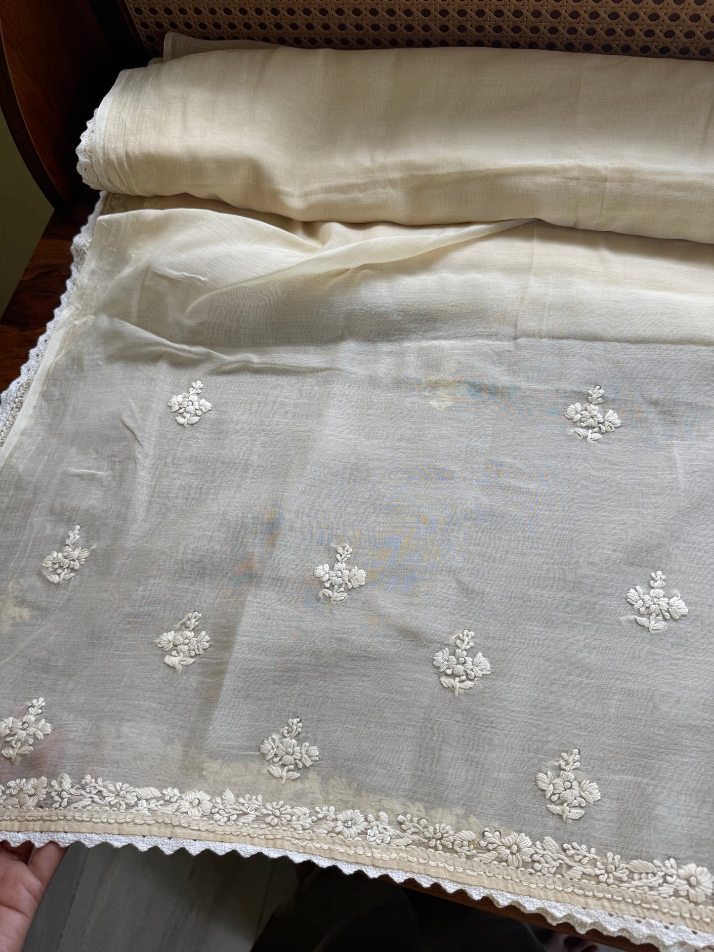Pure Mul Chanderi Chikankari Saree - Half White