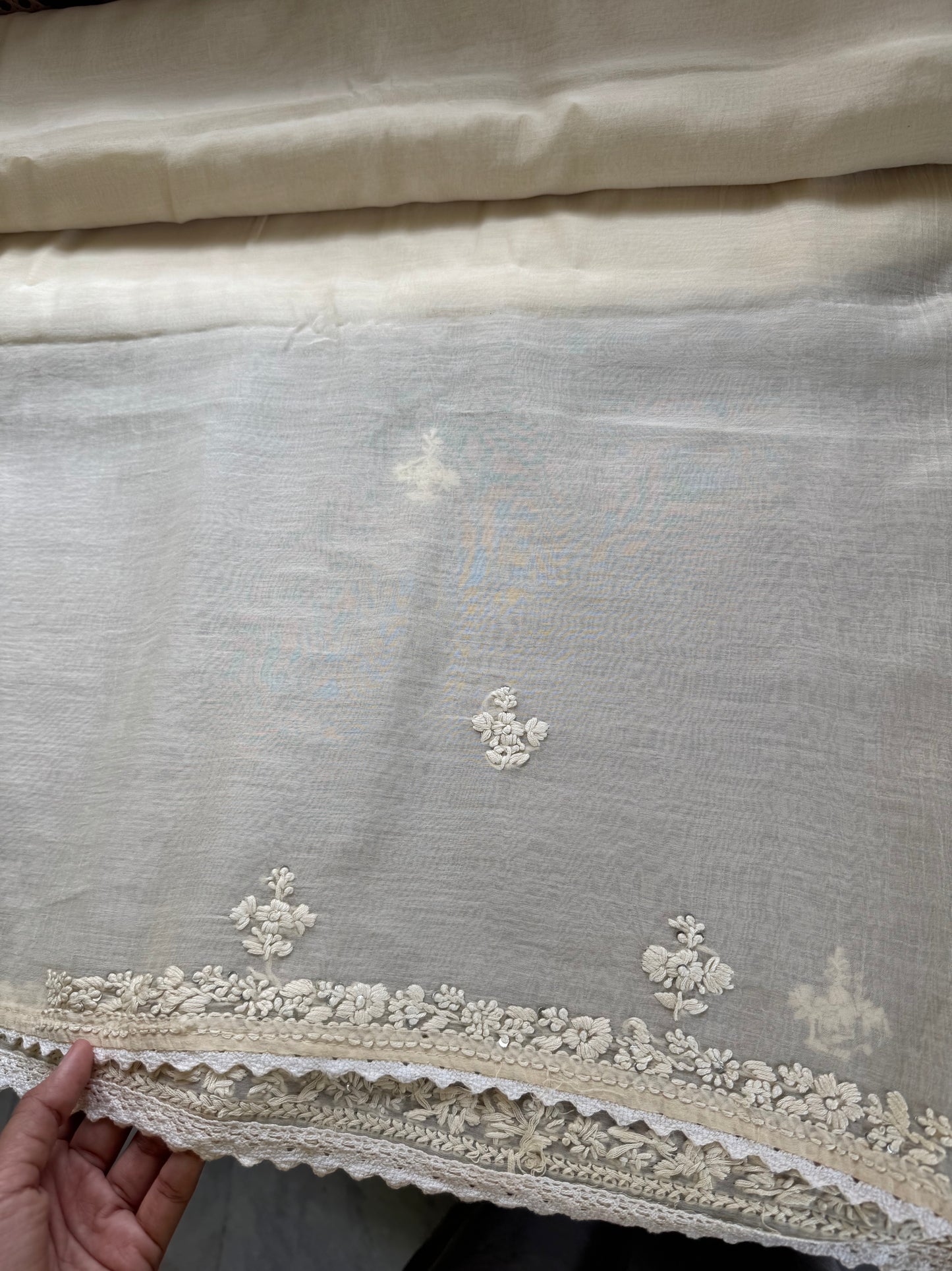 Pure Mul Chanderi Chikankari Saree - Half White