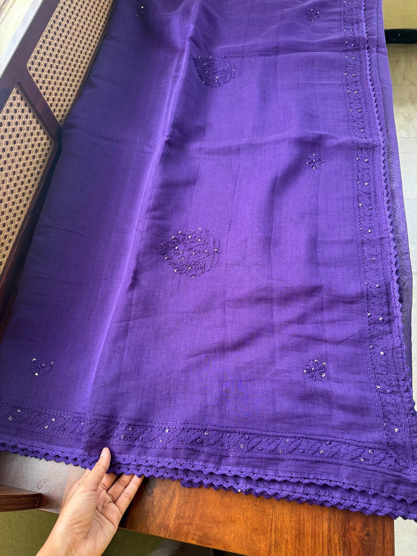 Pure Mul Chanderi Chikankari Saree - Violet