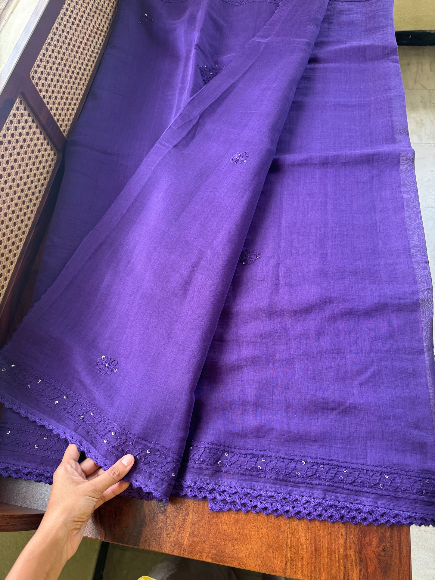 Pure Mul Chanderi Chikankari Saree - Violet