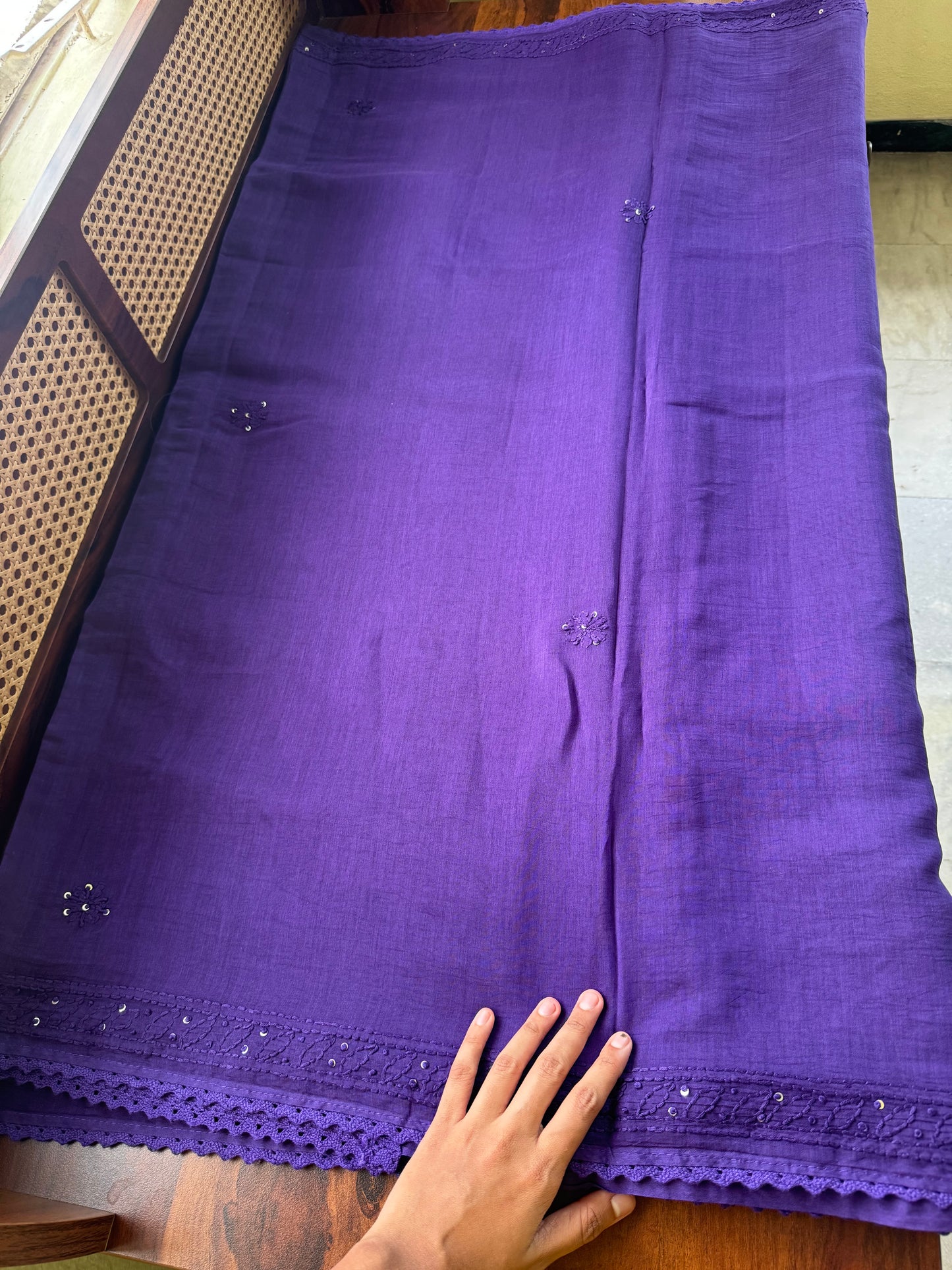 Pure Mul Chanderi Chikankari Saree - Violet