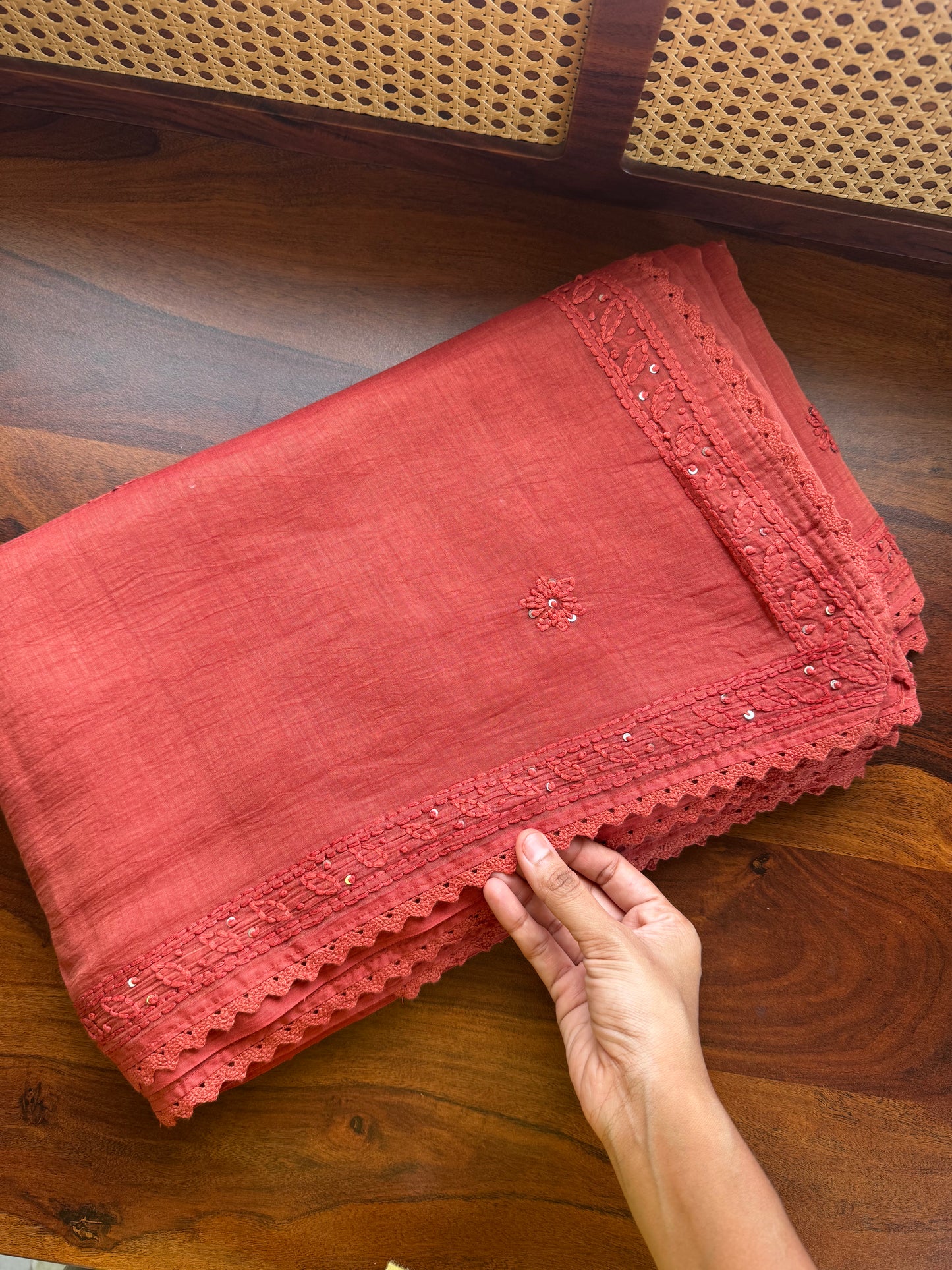 Pure Mul Chanderi Chikankari Saree - Rustic Orange