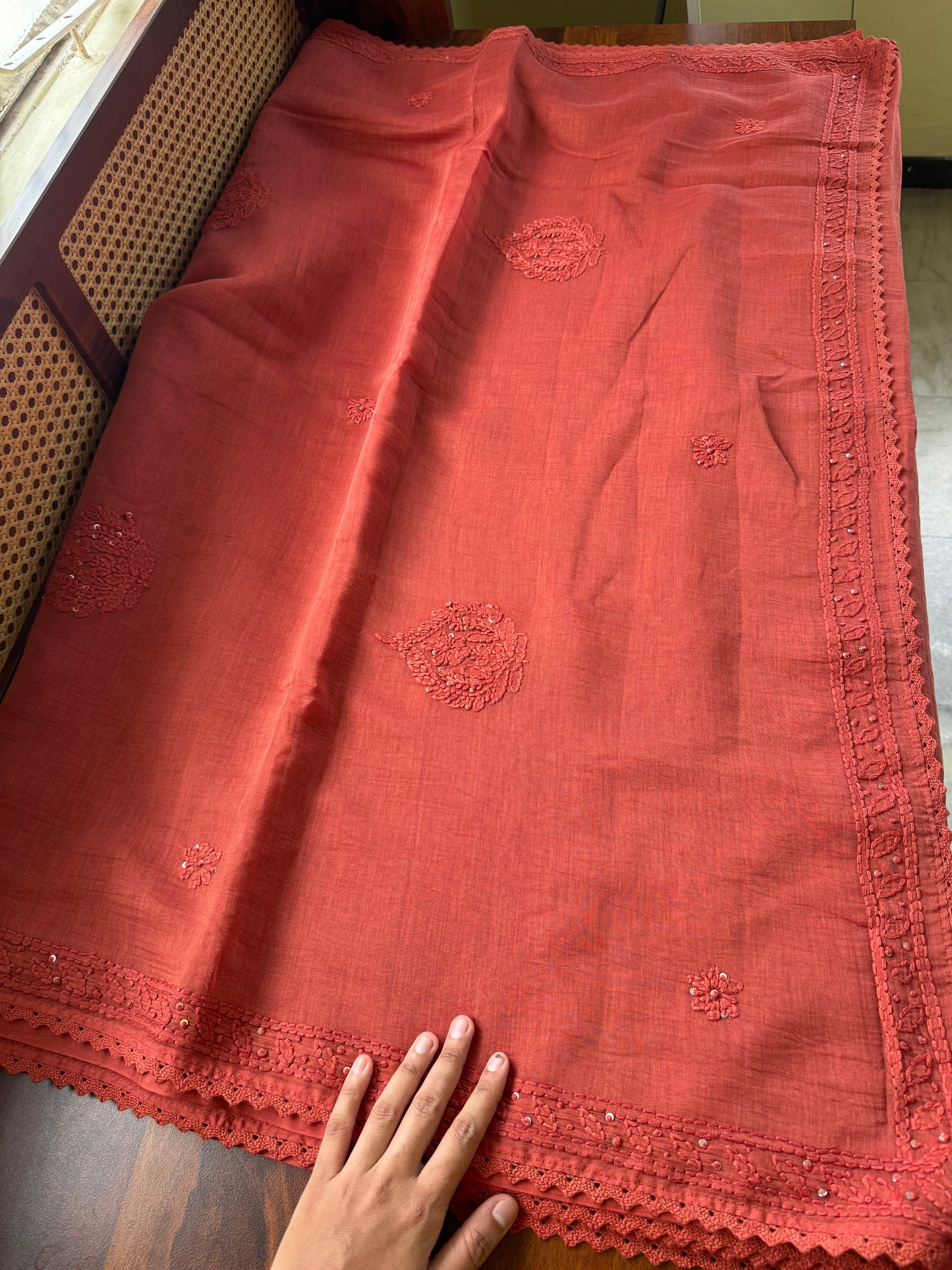 Pure Mul Chanderi Chikankari Saree - Rustic Orange
