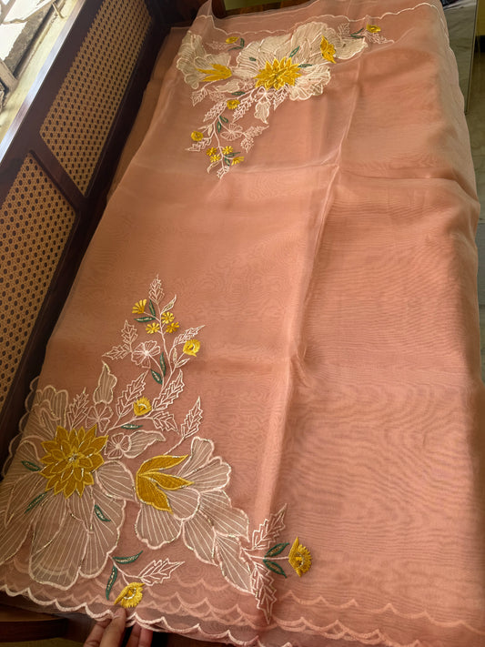 Designer Tissue Organza Saree - Peach