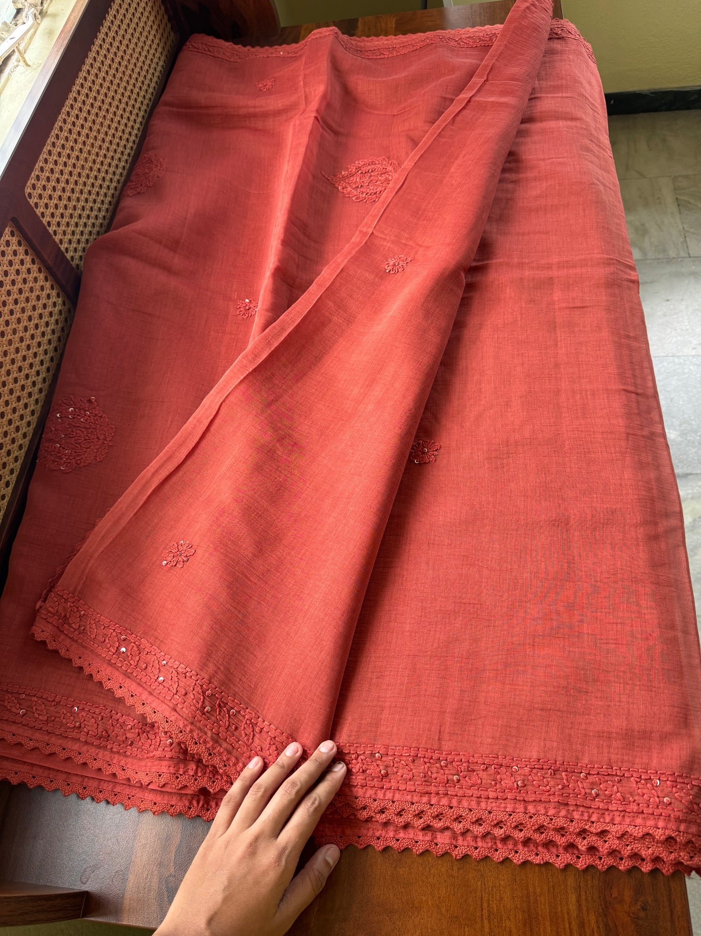 Pure Mul Chanderi Chikankari Saree - Rustic Orange