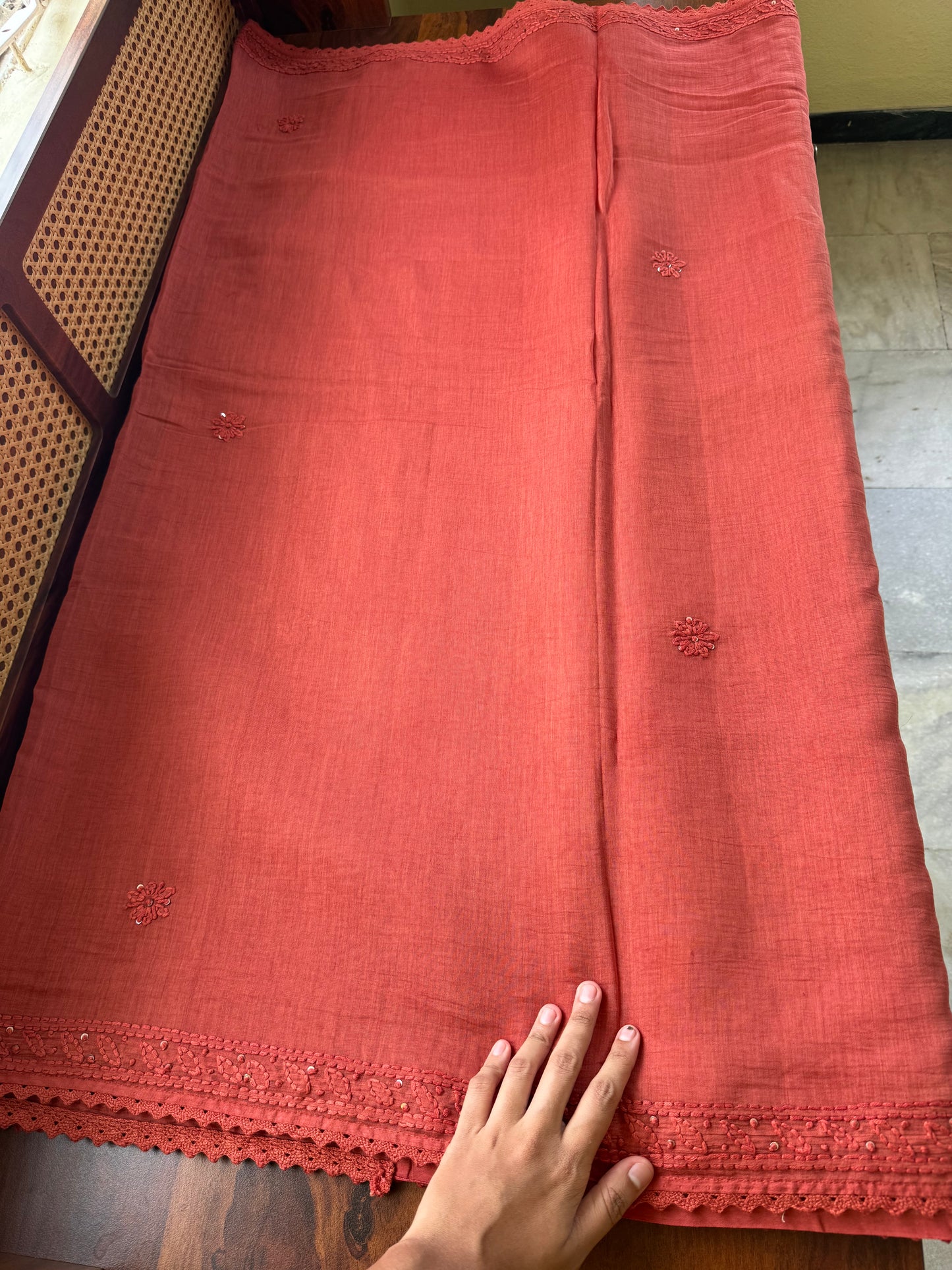 Pure Mul Chanderi Chikankari Saree - Rustic Orange