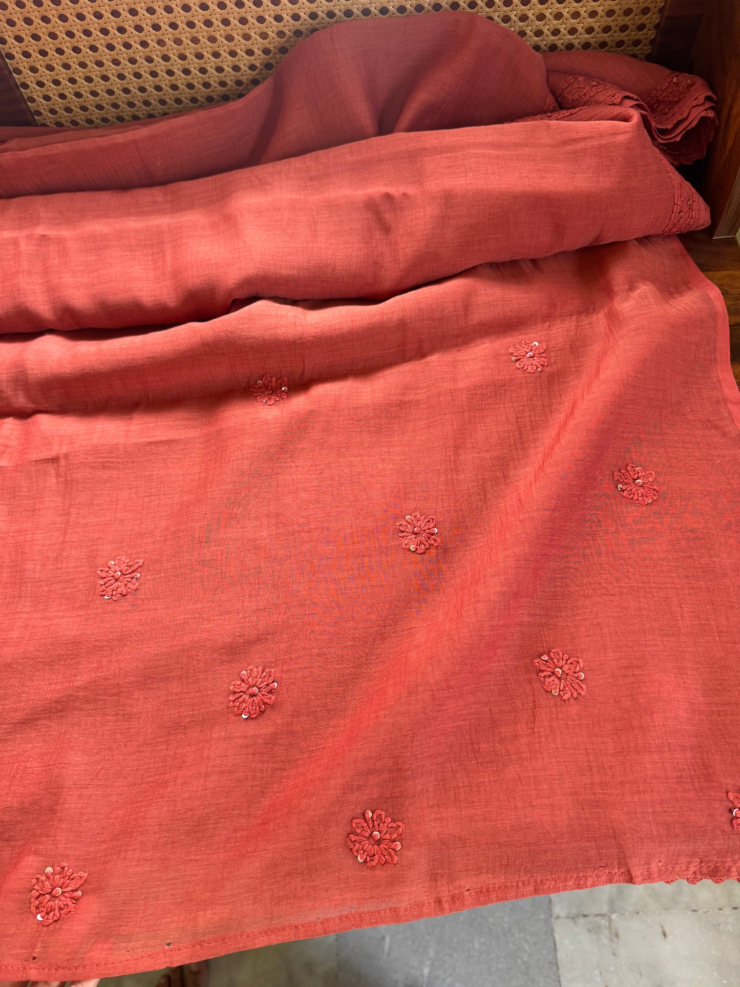 Pure Mul Chanderi Chikankari Saree - Rustic Orange