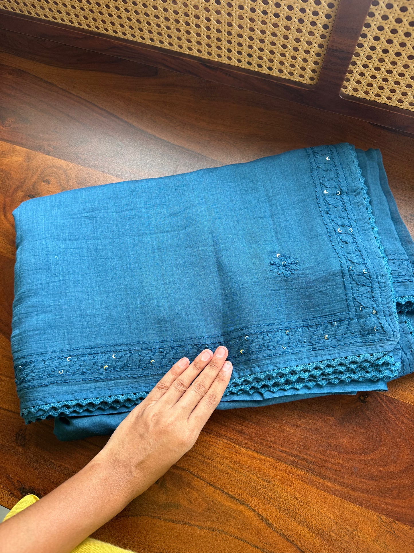 Pure Mul Chanderi Chikankari Saree - Peacock Blue