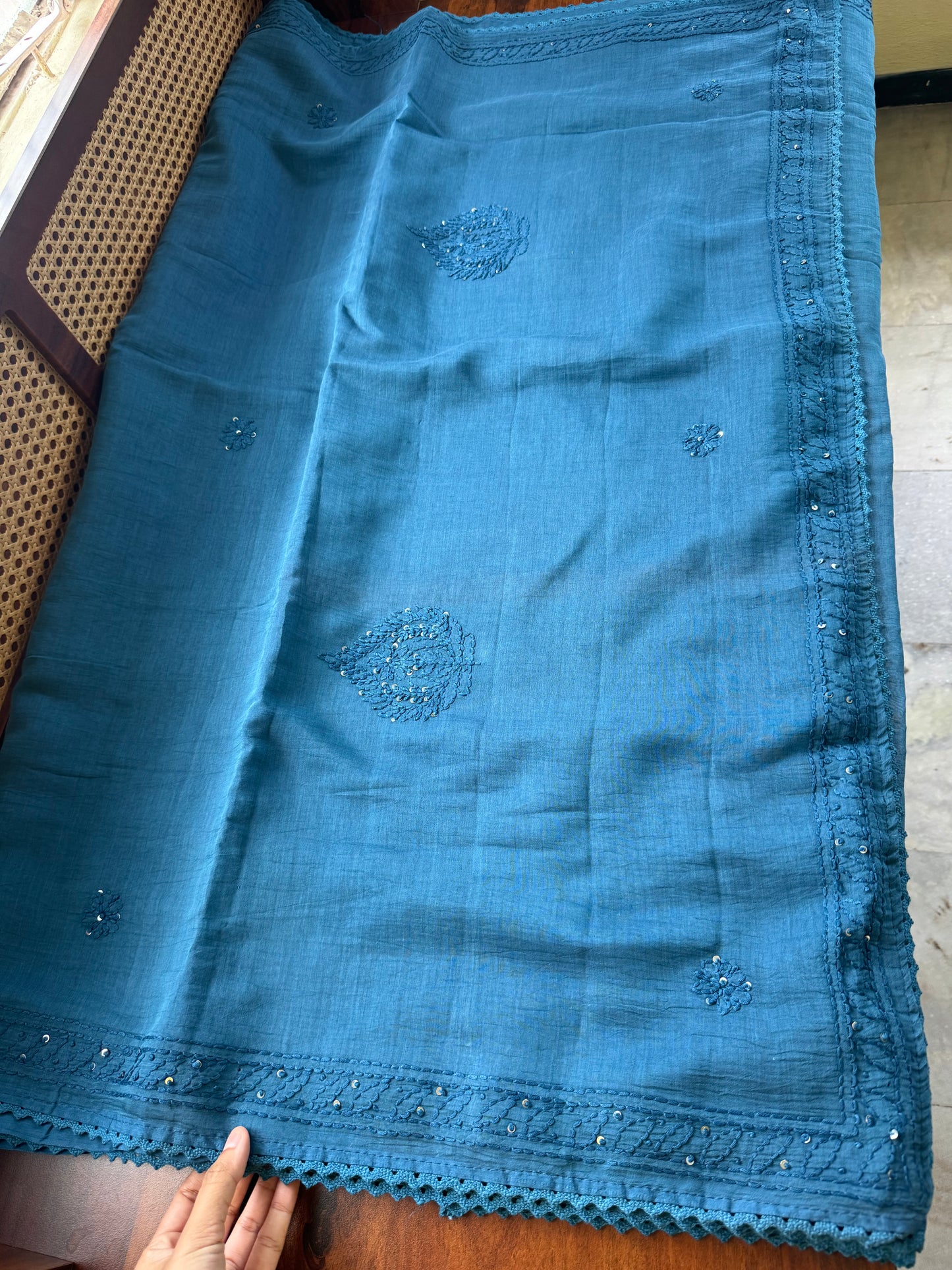 Pure Mul Chanderi Chikankari Saree - Peacock Blue
