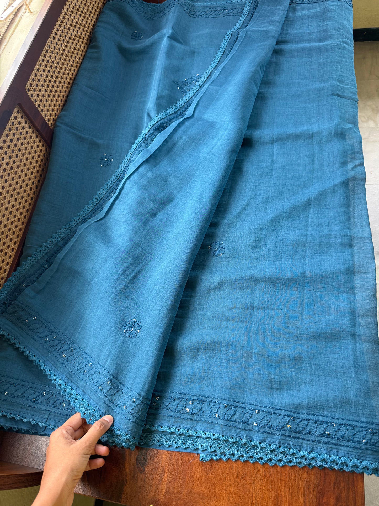 Pure Mul Chanderi Chikankari Saree - Peacock Blue