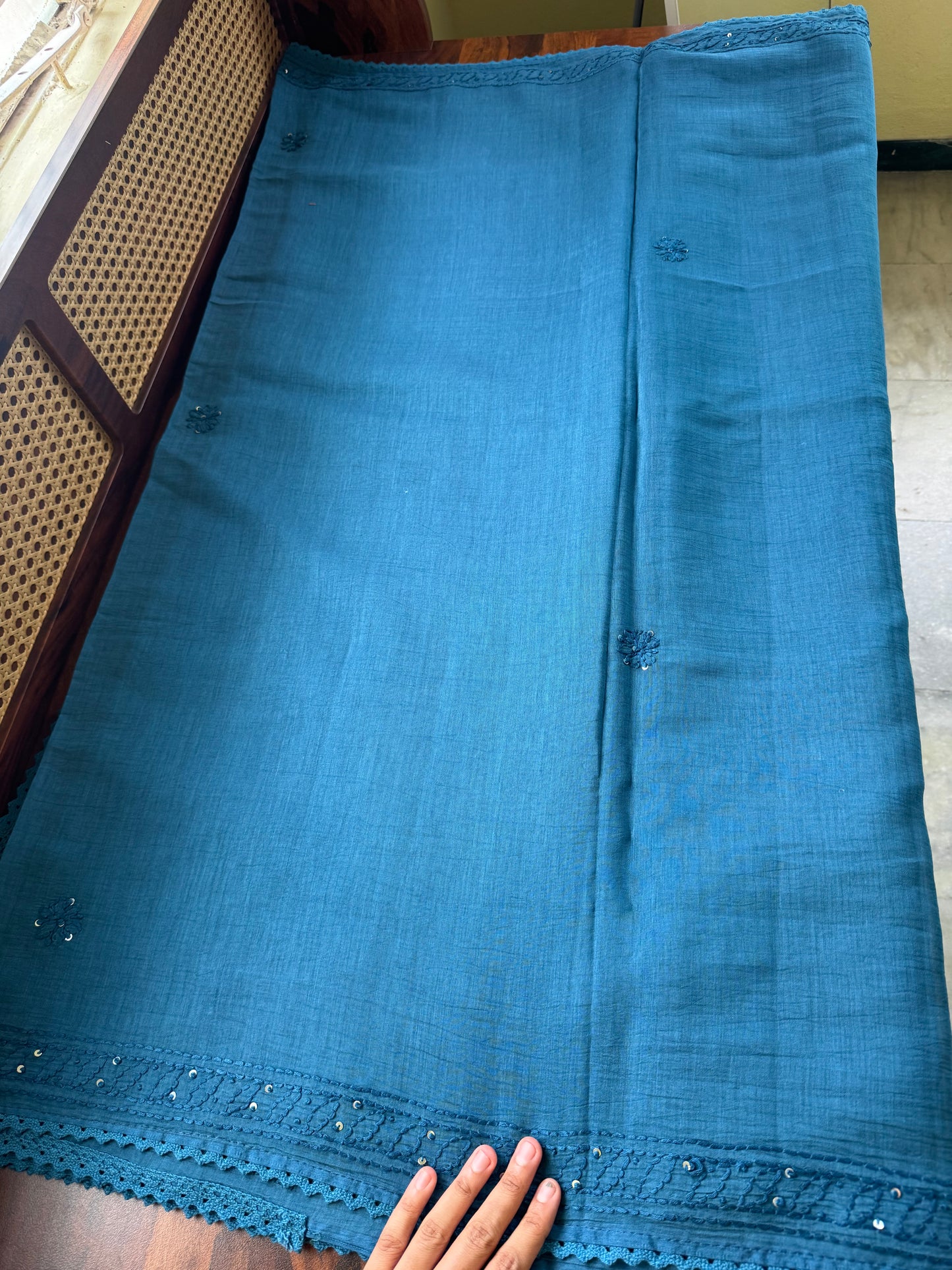 Pure Mul Chanderi Chikankari Saree - Peacock Blue
