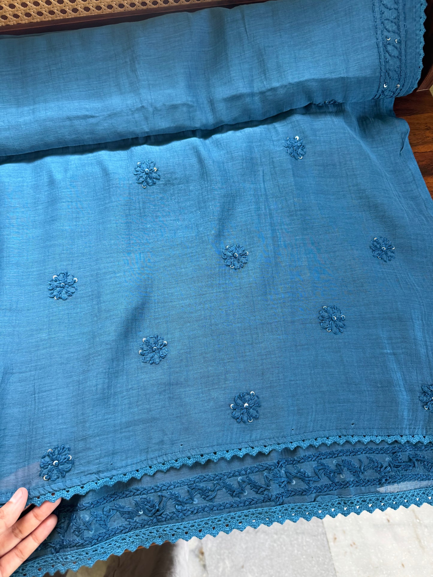 Pure Mul Chanderi Chikankari Saree - Peacock Blue
